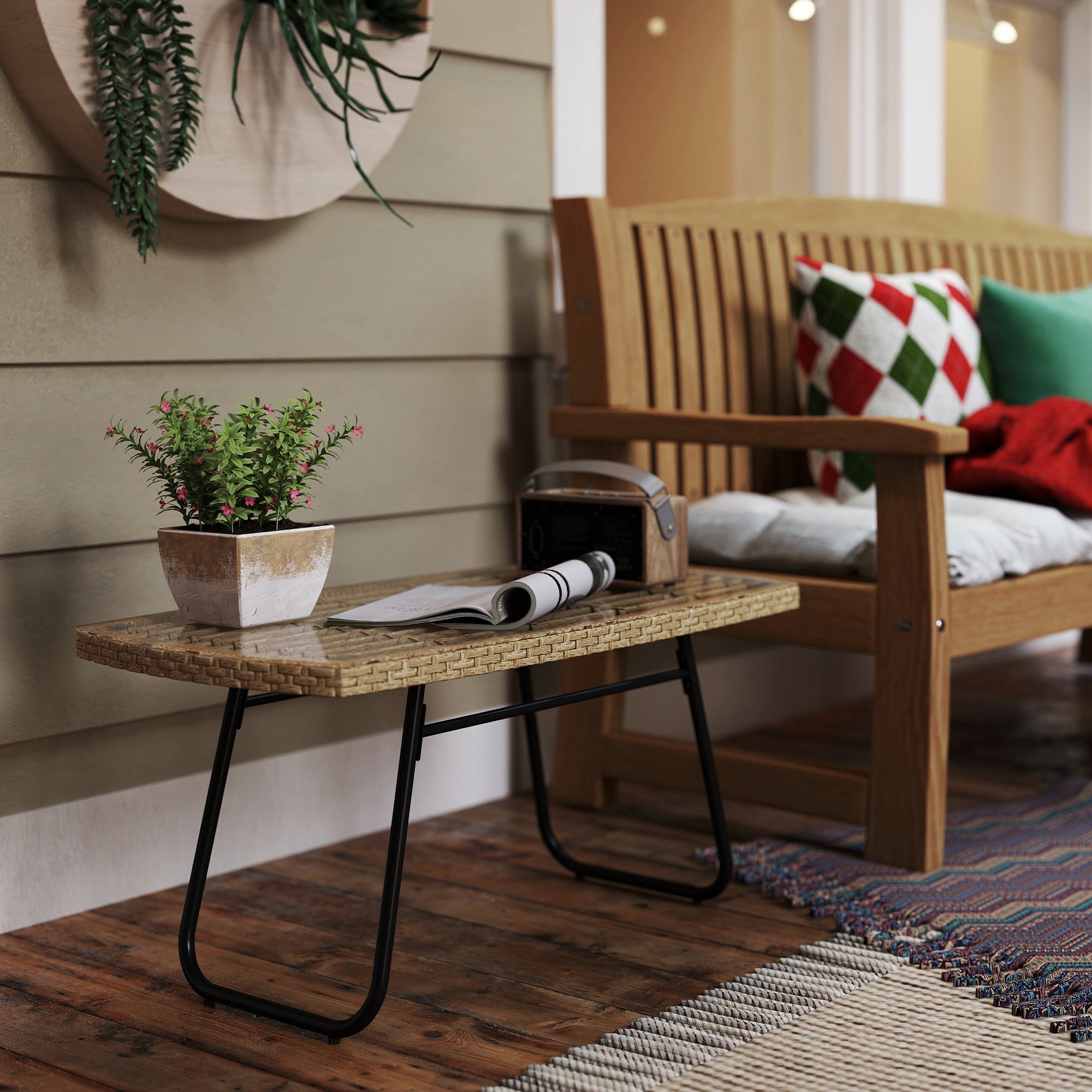 Outsunny Polyrattan Gartentisch, 90 x 50 x 45 cm, UV-beständig Beistelltisch mit Glasplatte Naturholz