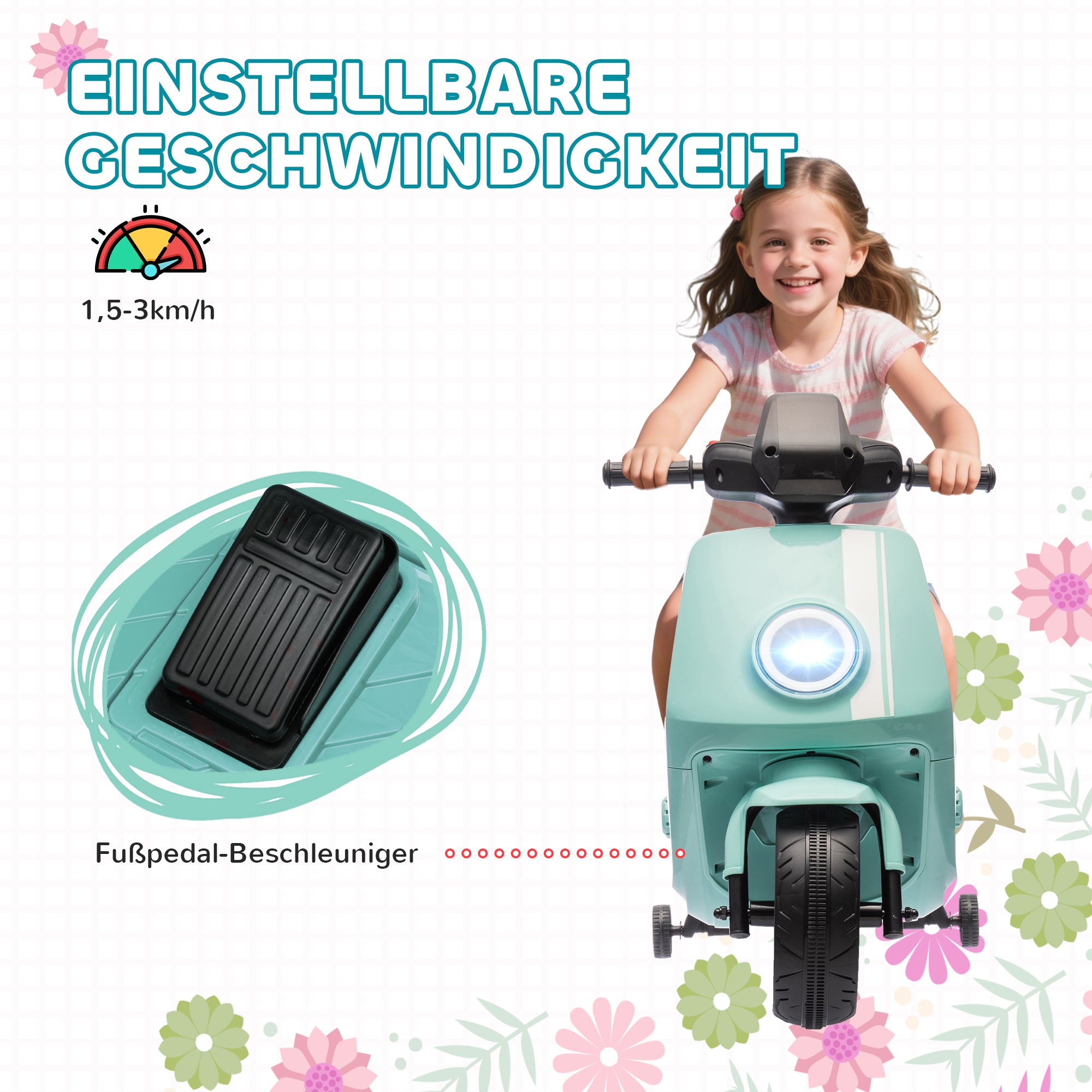 AIYAPLAY 6V Elektro-Motorrad für Kinder, mit Scheinwerfer und Musik, Vor- und Rückwärtsgang, Trainingsräder, 18-36 Monate, Grün