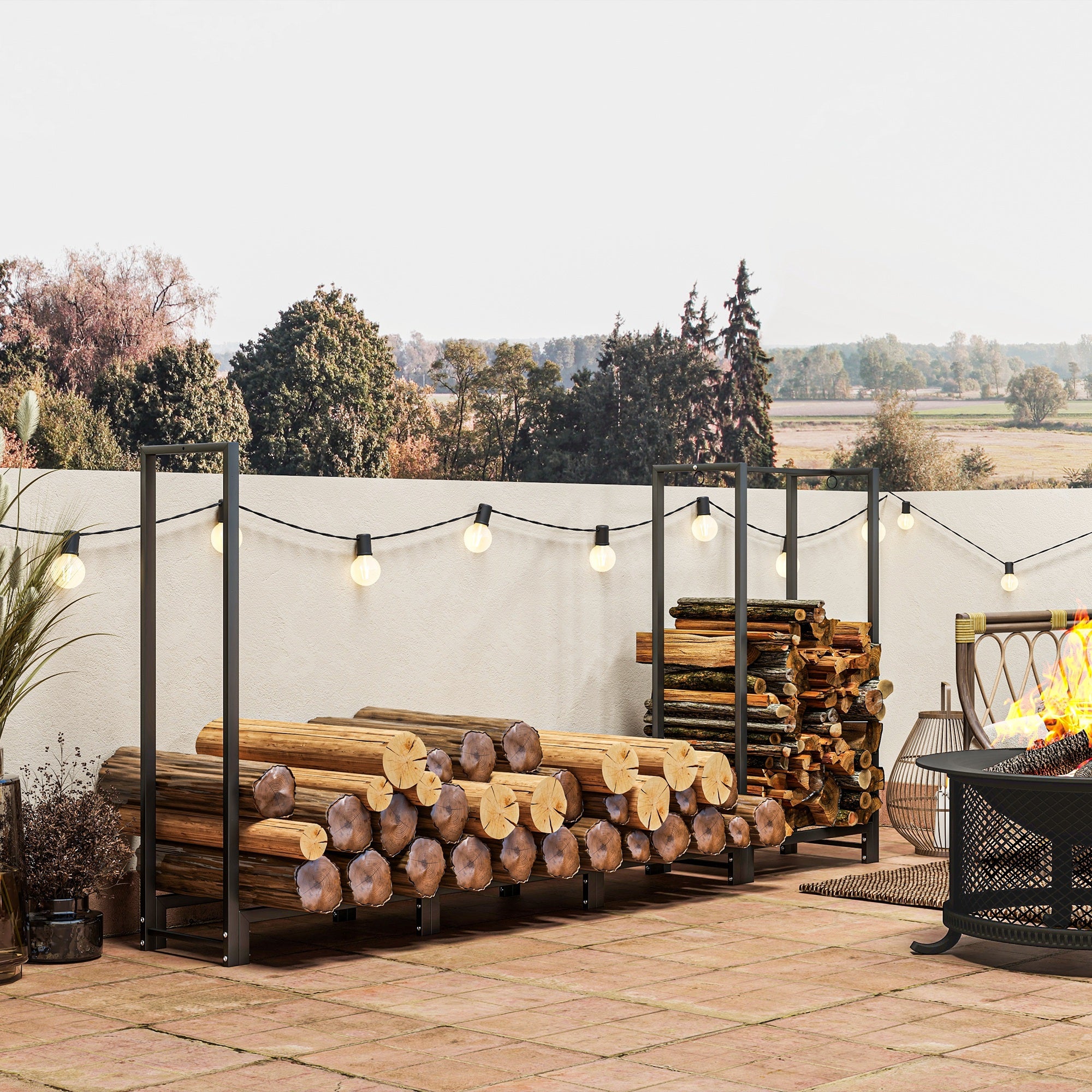 Outsunny Feuerholzgestell, zwei Abschnitte, rostfreier Stahlrahmen, bis 300 kg, 240 x 32 x 115 cm, Schwarz