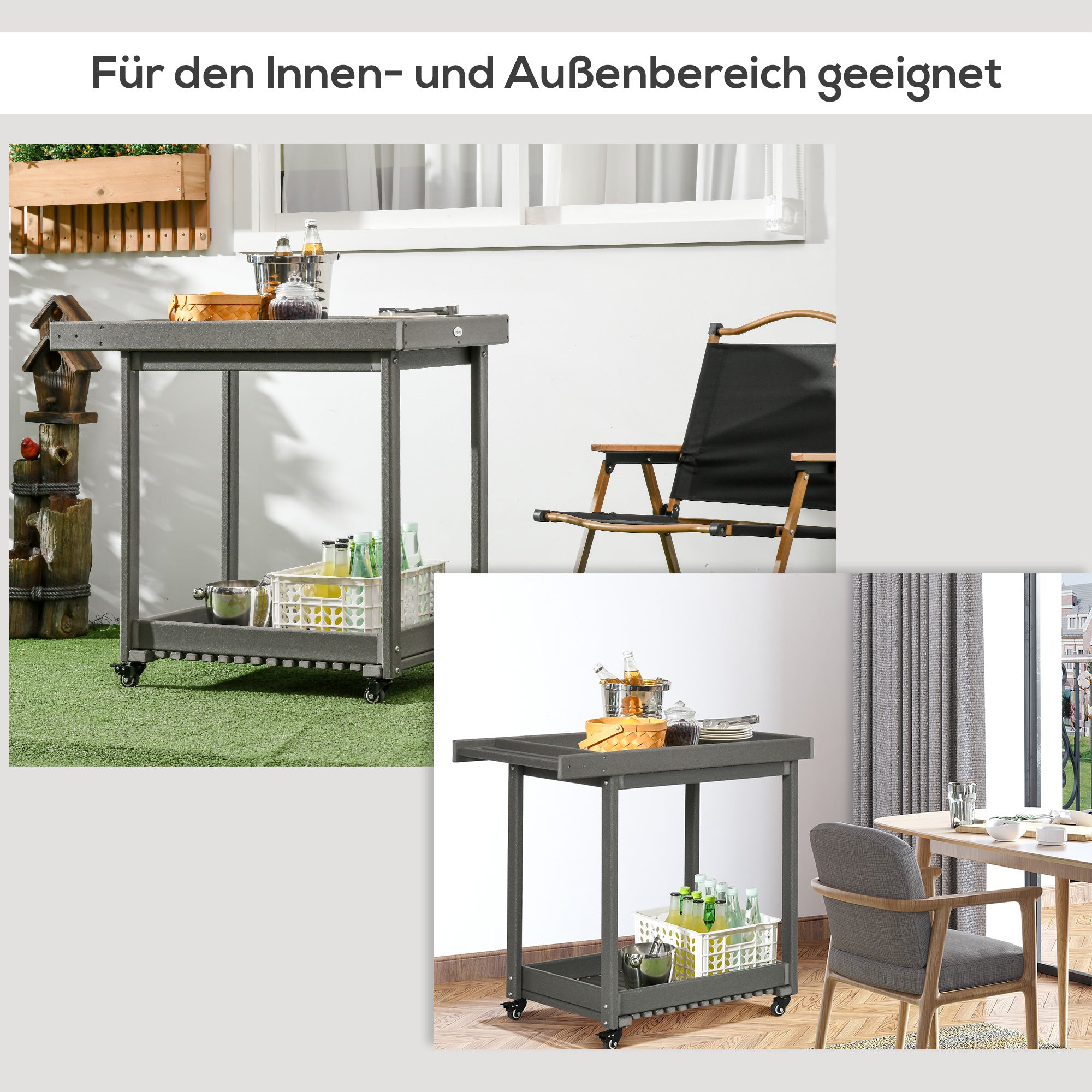 Outsunny Servierwagen mit Handtuchhaltern, 1 untere Ablage, 4 Rollen, 87 cm x 50 cm x 80 cm, Dunkelgrau