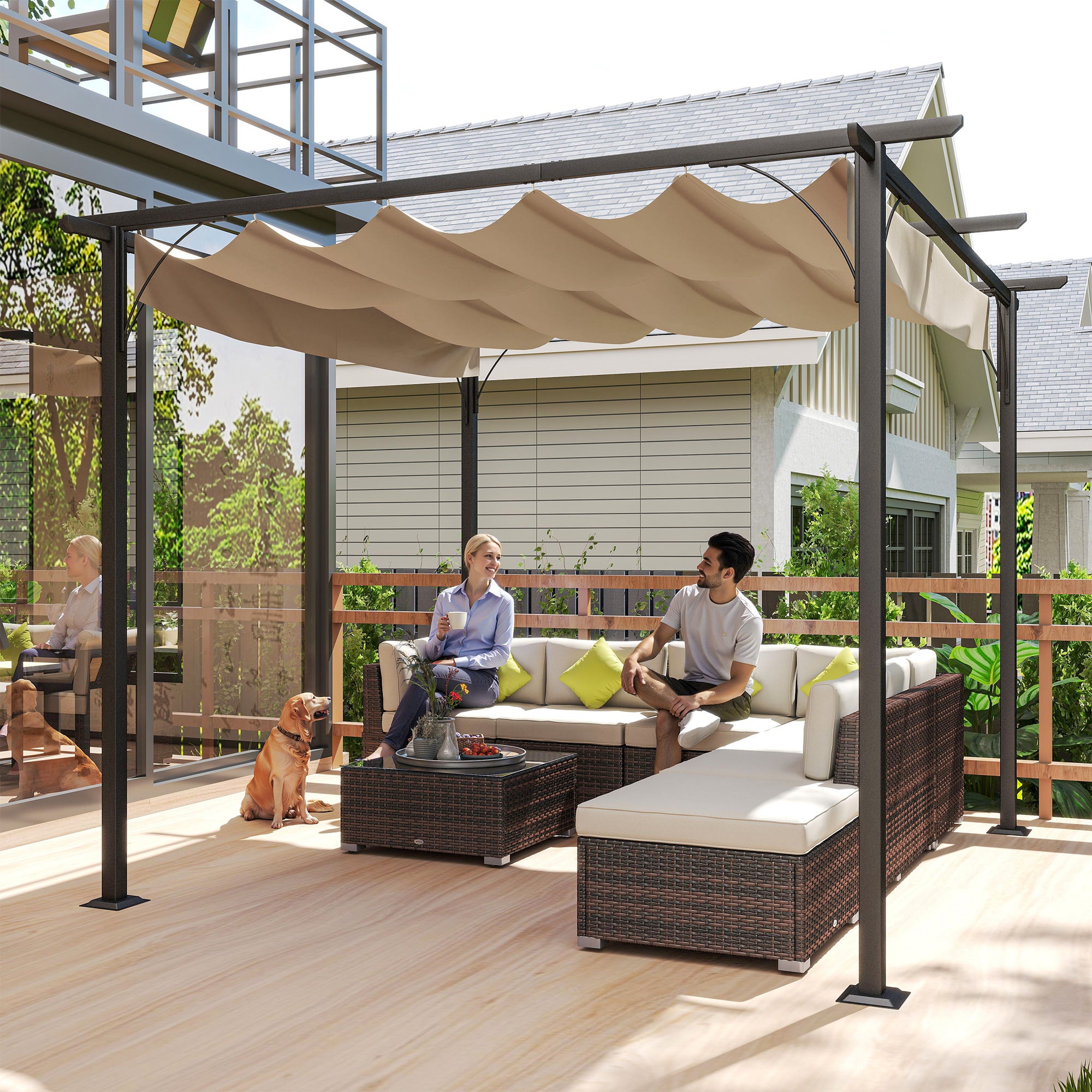 Outsunny Pergola Wasserdichter Pavillon 3 x 3 m Terrassenüberdachung mit Schiebedach, UV-Schutz für Garten Beige