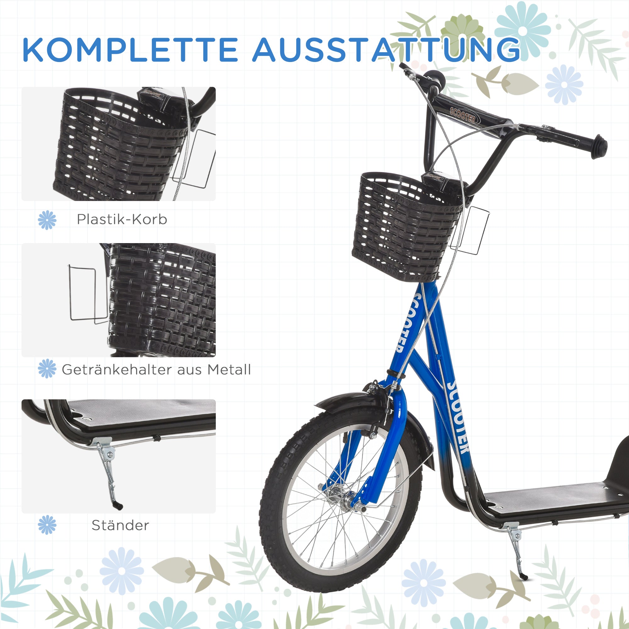 HOMCOM Kinderroller, Scooter mit Bremse, inkl. Korb, höhenverstellbar, für Kinder 5-12 J., blau+schwarz