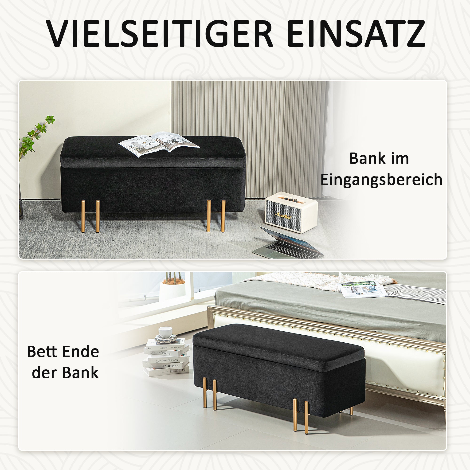 HOMCOM Sitzbank, Polsterbank mit Stauraum, Metall, Kautschukholz, Schaumstoff, 100 x 40 x 42 cm, Schwarz