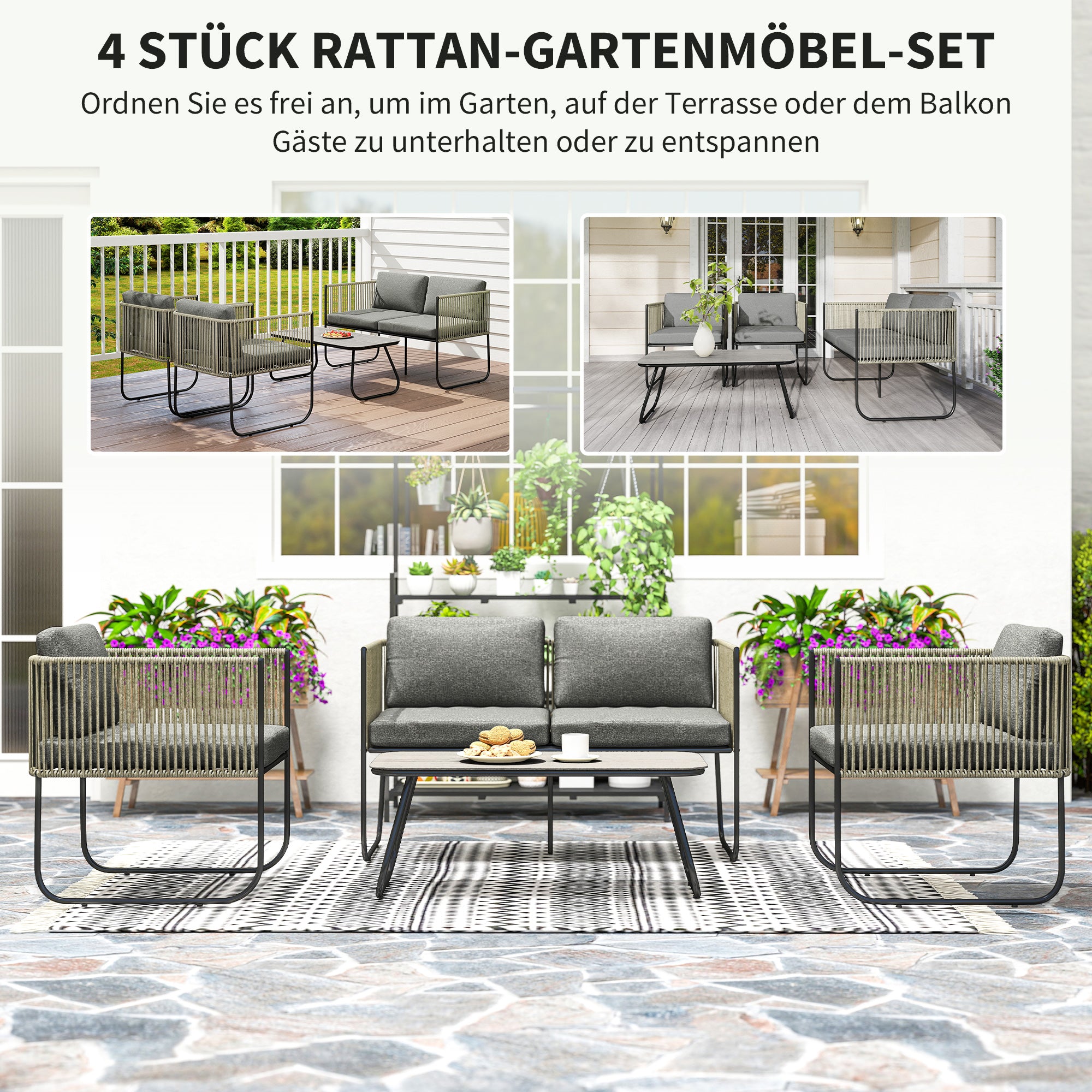 Outsunny Gartenmöbel Set aus Polyrattan Lounge-Set mit Sofa Sessel Tisch Kissen wetterfest 116 x 60 x 69 cm Braun+Dunkelgrau