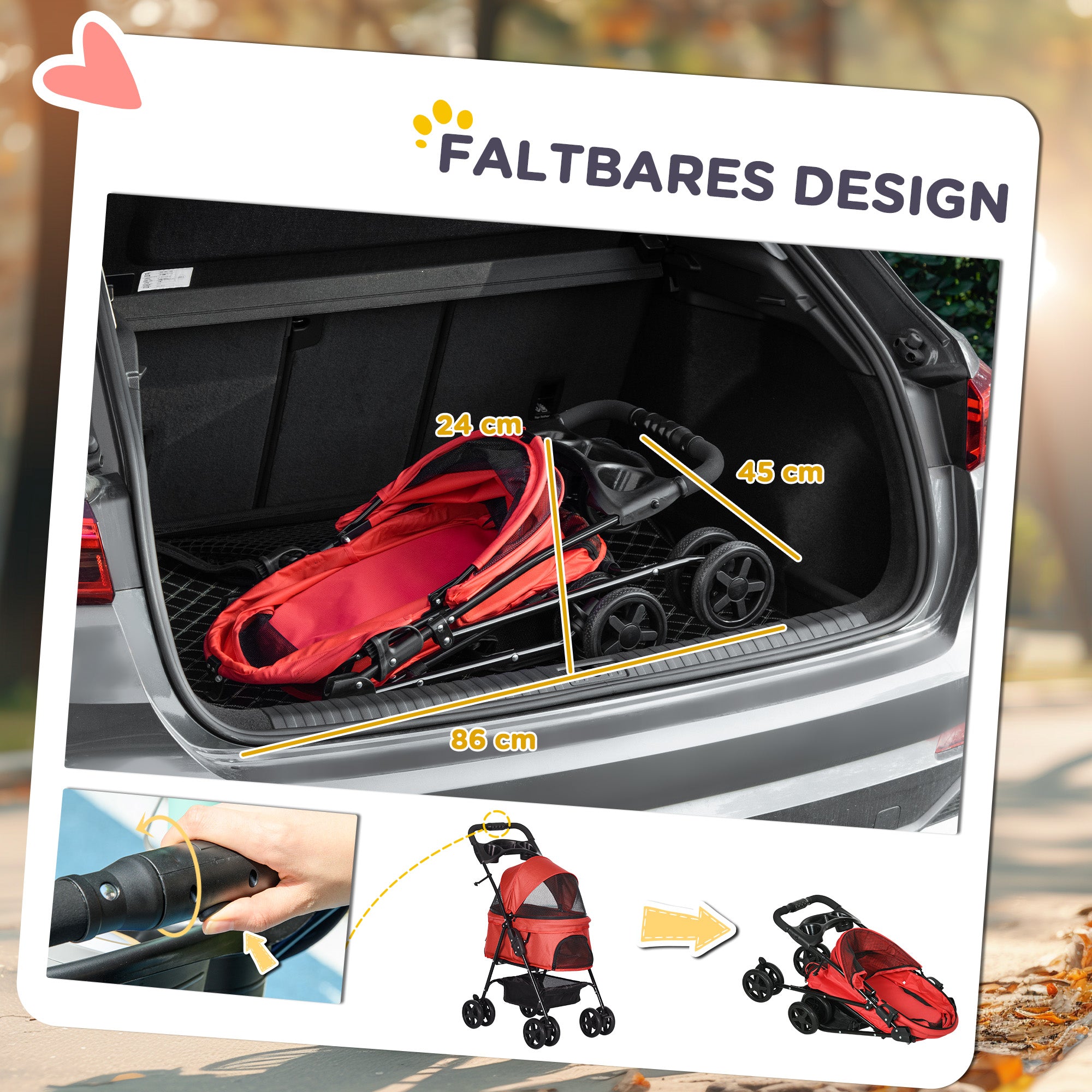 PawHut Hundebuggy Hundewagen bis 4 kg Klappbar Netzfenster Bodenkorb Becherhalter abnehmbares Dach rot 67 x 45 x 96 cm