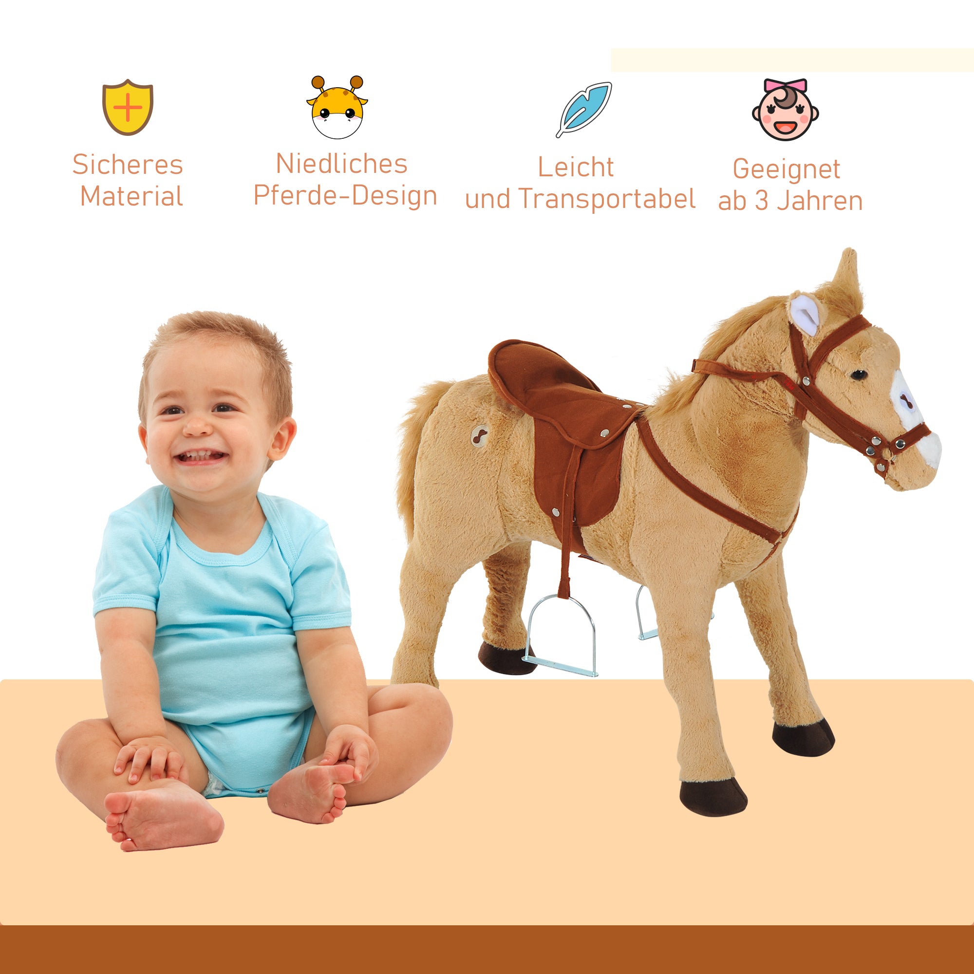 HOMCOM Reitpferd auf Rollen 60 cm Stehpferd mit Sattel, Zaumzeug Steigbügel Sound Spielpferd zum Reiten Draufsitzen Schaukeltier für Kinder ab 2 Jahre, Schaukelpferd Plüschpferd Indoor Outdoor Beige
