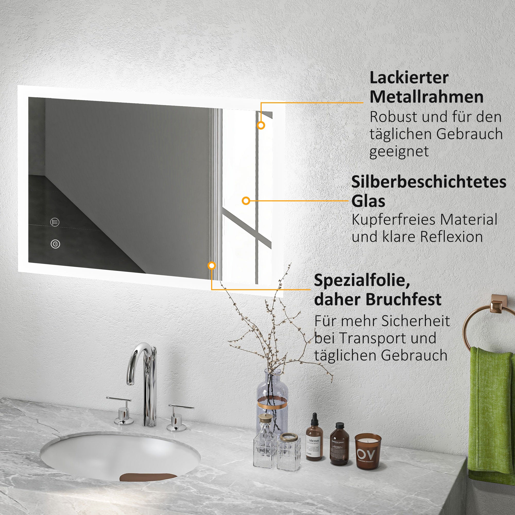 kleankin LED Badezimmerspiegel, Hintergrundbeleuchtung, Touch-Funktion, Memory-Funktion, kein Beschlagen, 70 x 50 cm