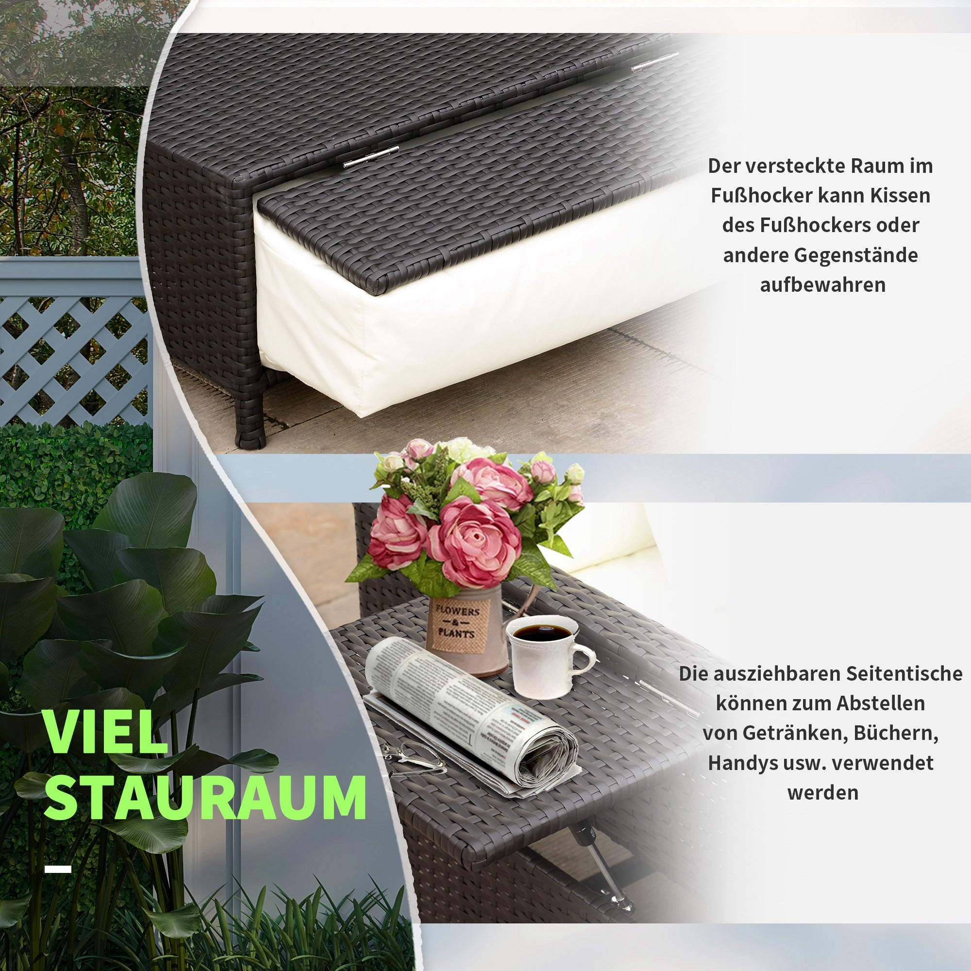 Outsunny Gartensofa mit Liegefunktion, ausfahrbare Fußbank mit Stauraum, Sitzkissen, braun+creme, 130 x 72 x 96 cm