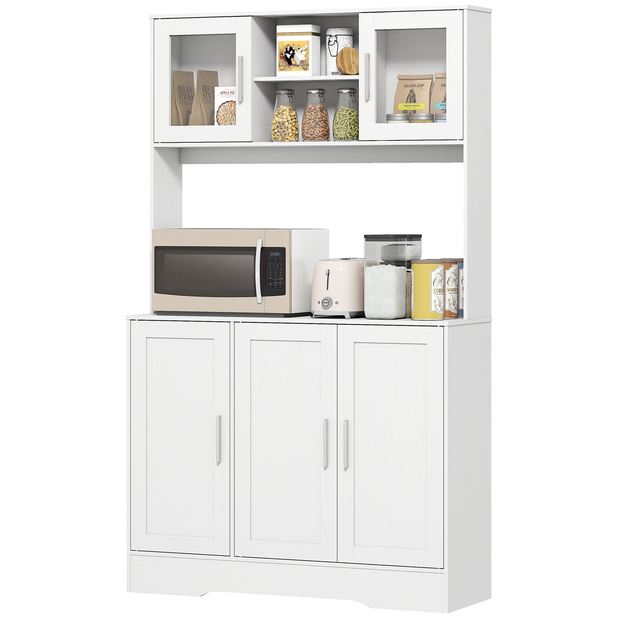 HOMCOM Küchenschrank, Skandinavisches Design, 4 Schränke, verstellbare Regale, Glastüren, offene Fläche, Spanplatte, MDF, Weiß