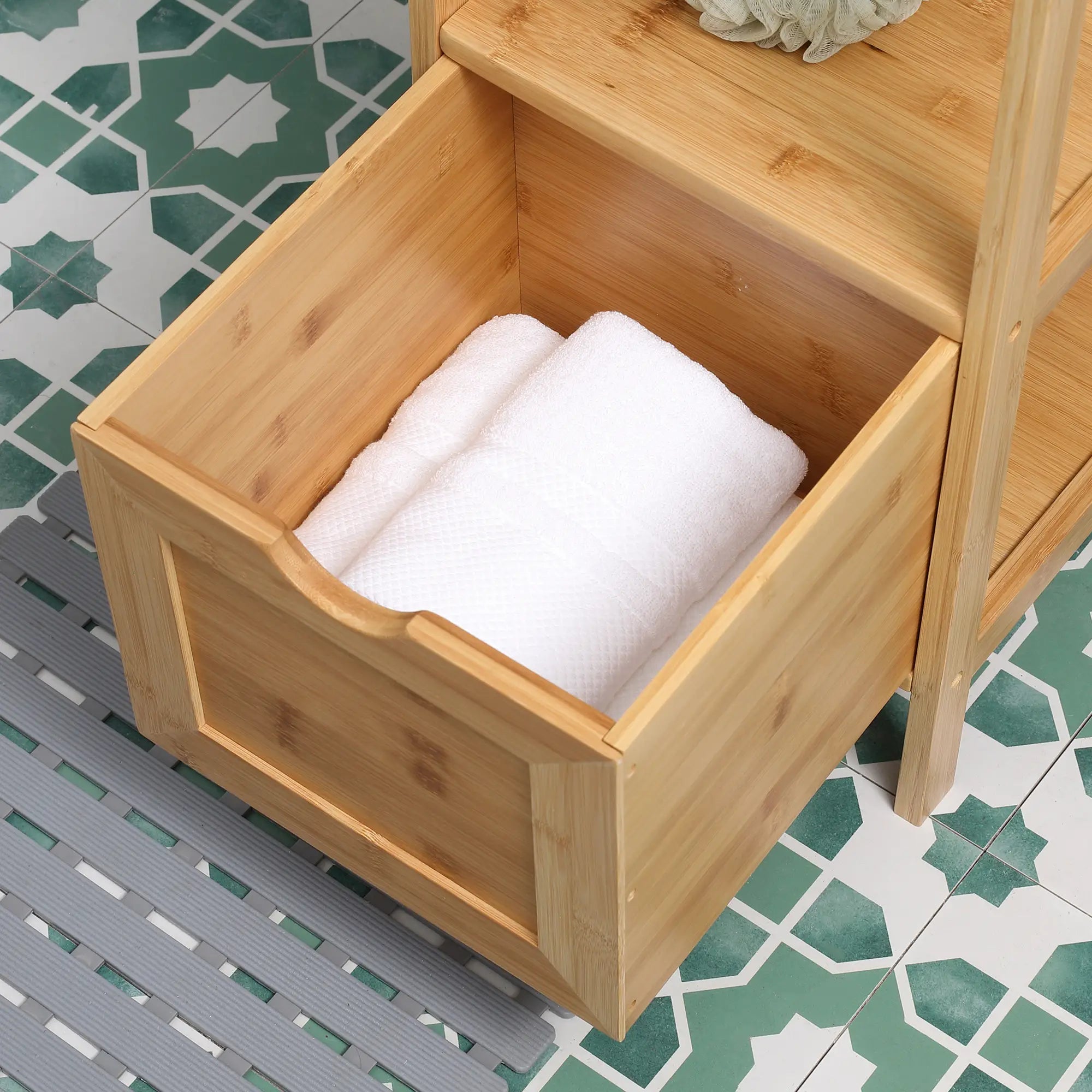 kleankin Badezimmerschrank, 3 Regale, 2 Schubladen, Bambus, 30 cm x 30 cm x 140 cm, Natur