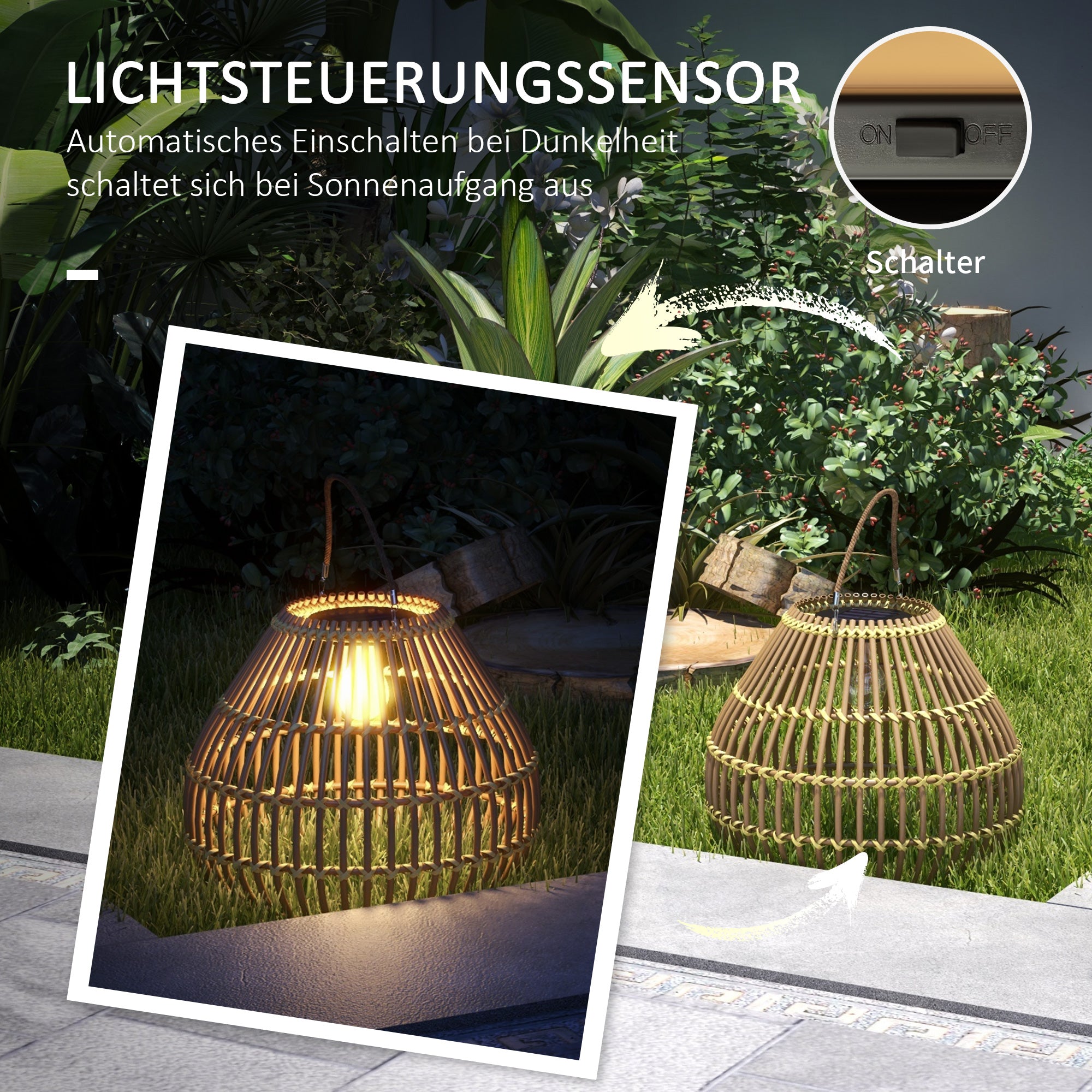 Outsunny Gartenleuchte Solarleuchte Garten-Solarleuchte, PE-Rattan, Boho-Design, 31 cm x 31 cm x 32 cm, Gelb