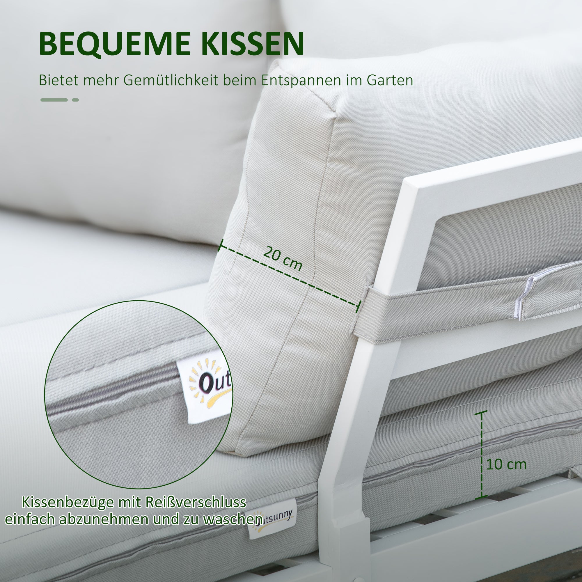 Outsunny Gartenmöbel-Set für 3 Personen mit Beistelltisch Sofa mit Kissen L-Form Outdoor Aluminium Cremeweiß