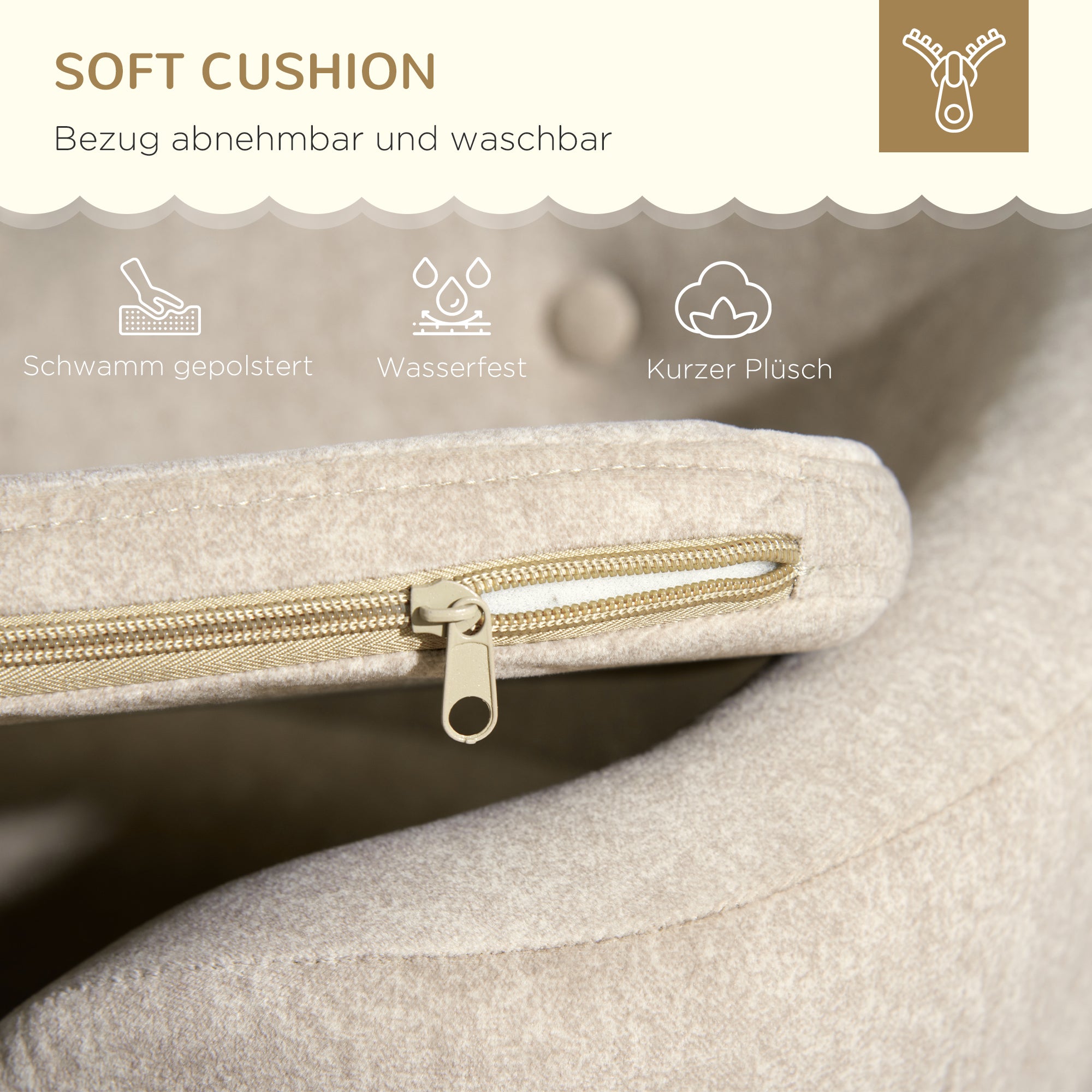 PawHut Haustiersofa Hundematte Hundebett Hundesofa Hundecouch Katzen Sofa mit Kissen Rückentasche Plüsch Schaumstoff Kiefernholz Cremeweiß 70 x 47 x 30 cm