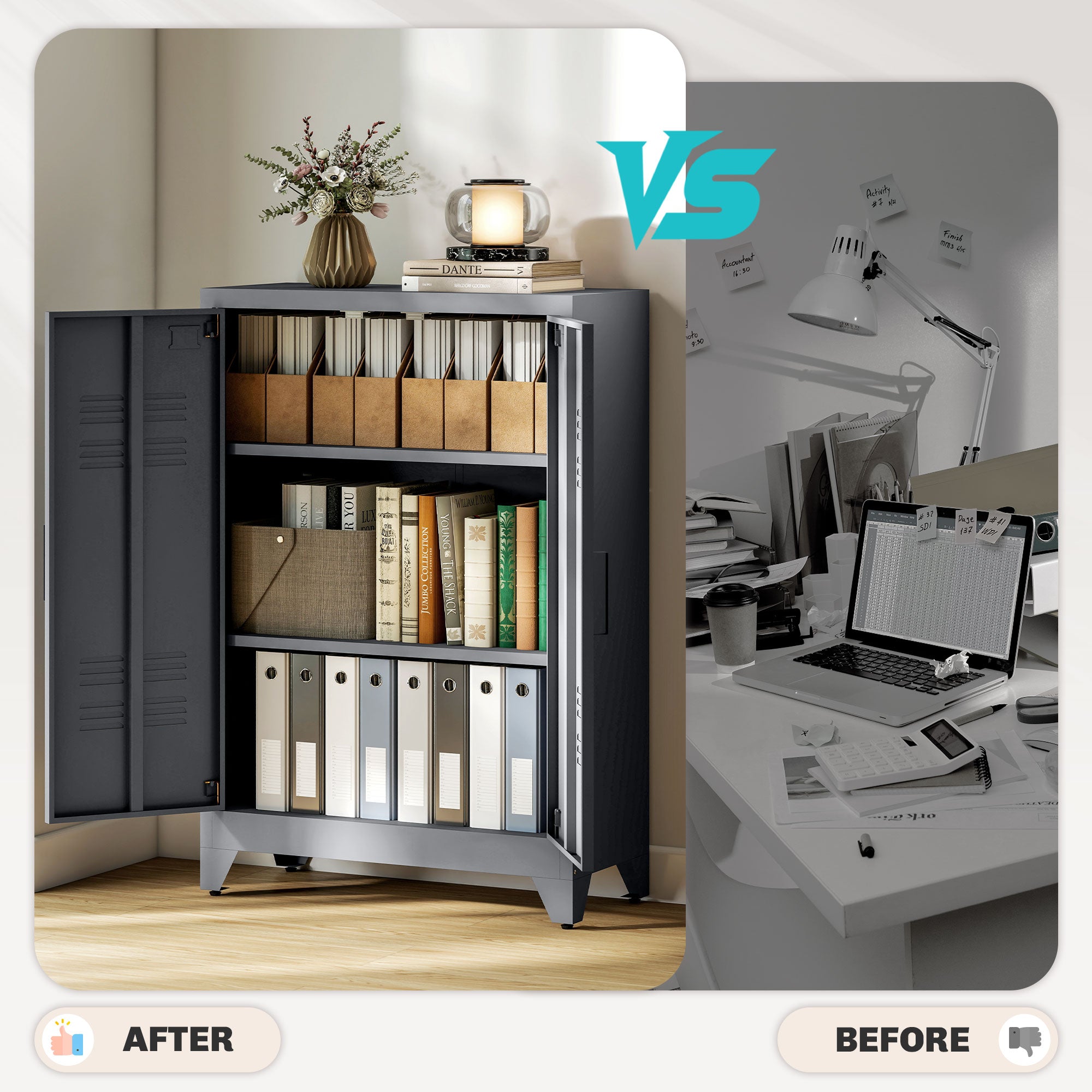 HOMCOM Aktenschrank mit Lamellentüren, Lagerschrank, Metallschrank mit 2 verstellbaren Einlegeböden, 75 x 33 x 110 cm, Grau