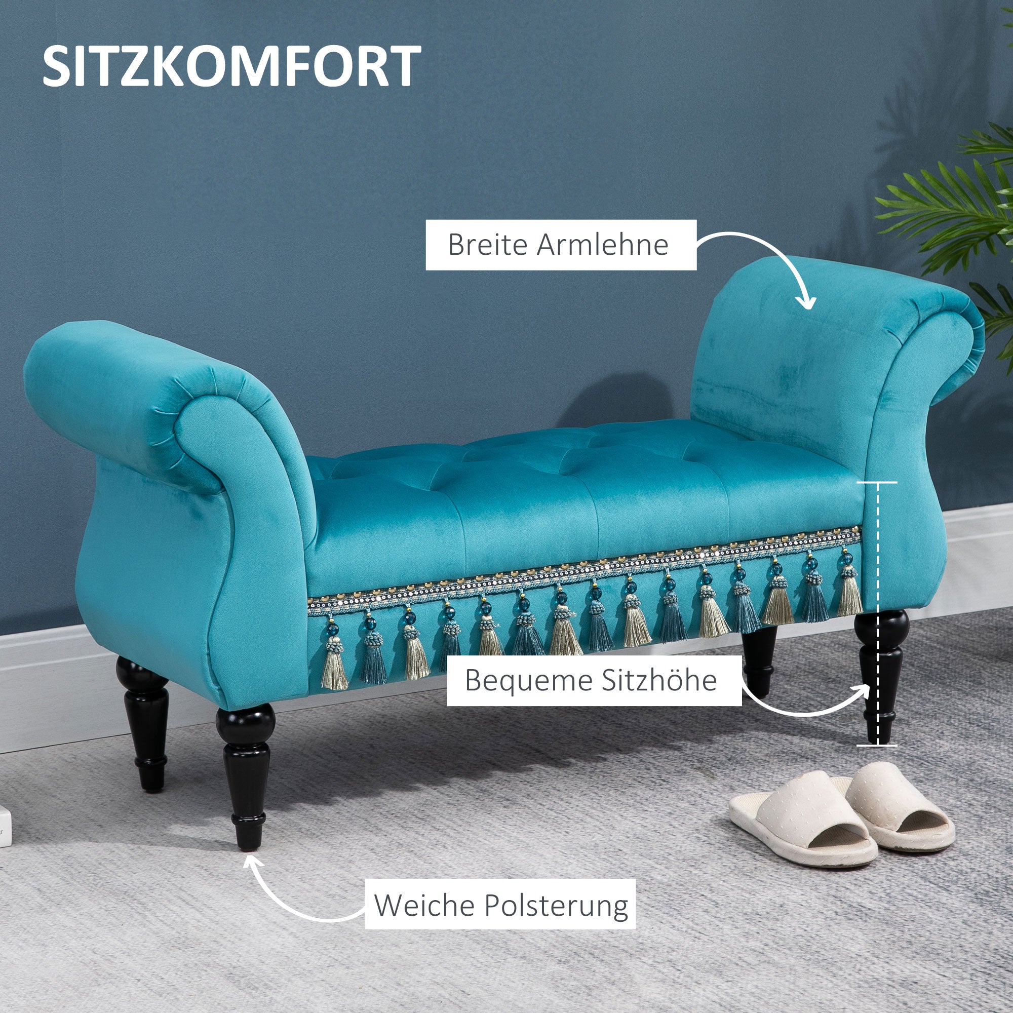 HOMCOM Sitzbank Polsterbank, Samtoptik, Luxus Bettbank mit Holzbeine, Flurbank für Schlafzimmer, bis 150 kg Belastbar, Blau, 117 x 40 x 58 cm