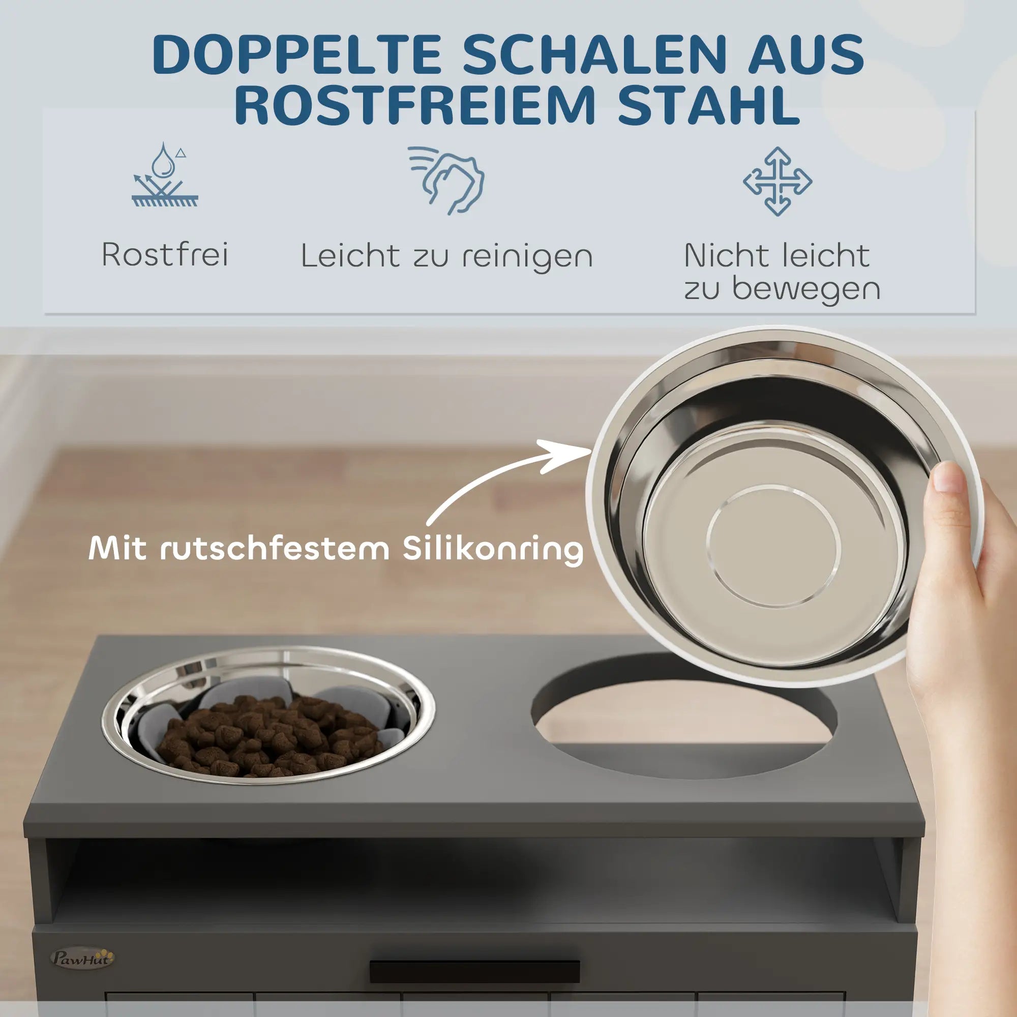 PawHut Futterstation für große Hunde, mit 2 Edelstahlnäpfen, Schublade, Futterspender für Haustiere, MDF, Stahl, Grau