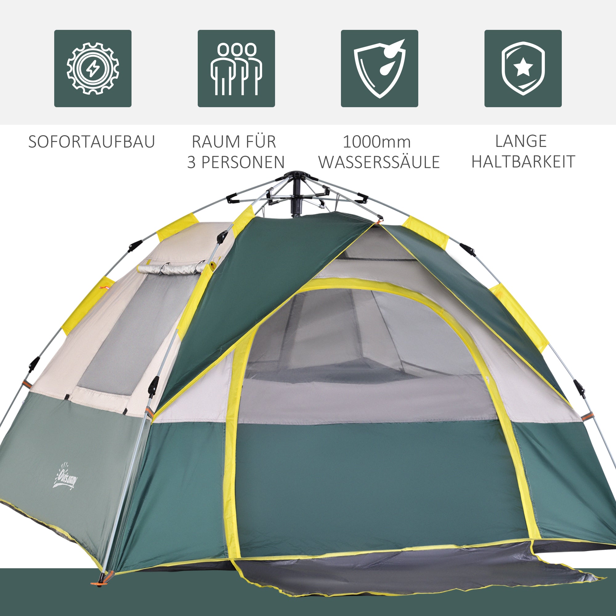 Outsunny Campingzelt für 3 Personen Pop-up Kuppelzelt mit Fenster, Packtasche, Haken, Bodenplane, Familienzelt mit 1000mm Wassersäule Zelt für Camping Reise Trekking Garten