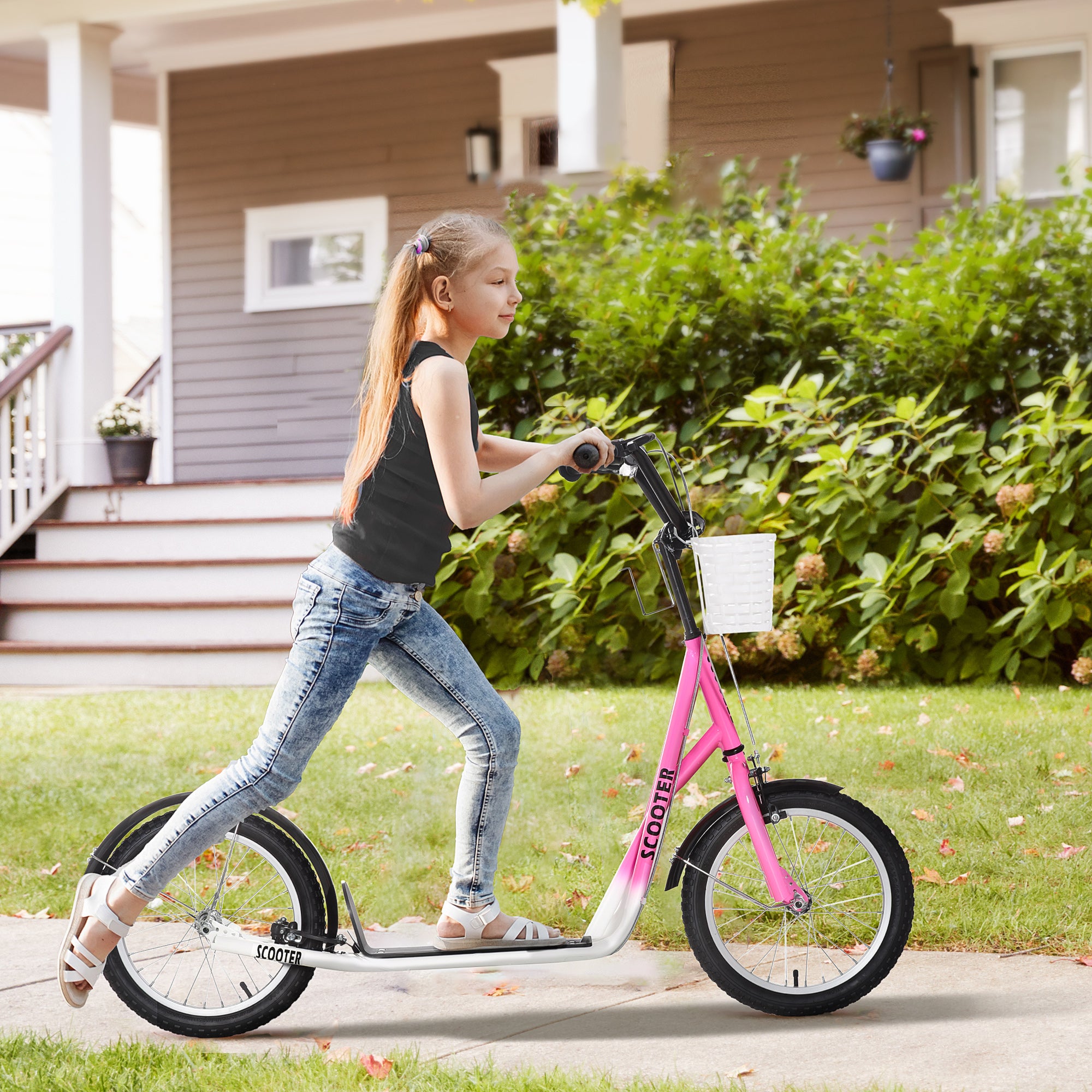 HOMCOM Kinderroller Tretroller mit Bremse, inkl. Korb, höhenverstellbar, für Kinder von 5 bis 12 Jahren, Weiß + Pink