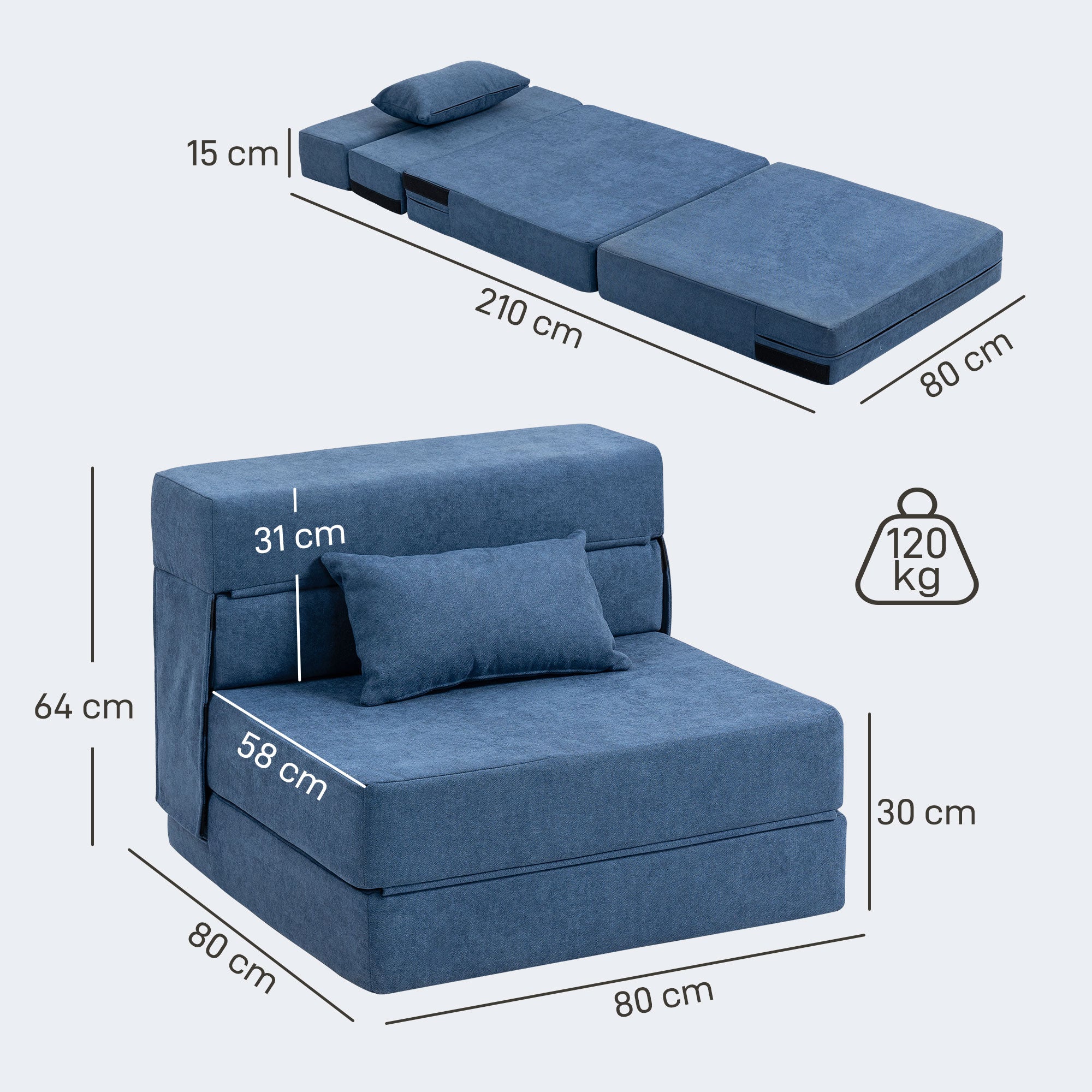 HOMCOM Bodensofa, Polstercouch, in Matratze umwandelbar, Schaumstoff, Kissen, Dunkelblau