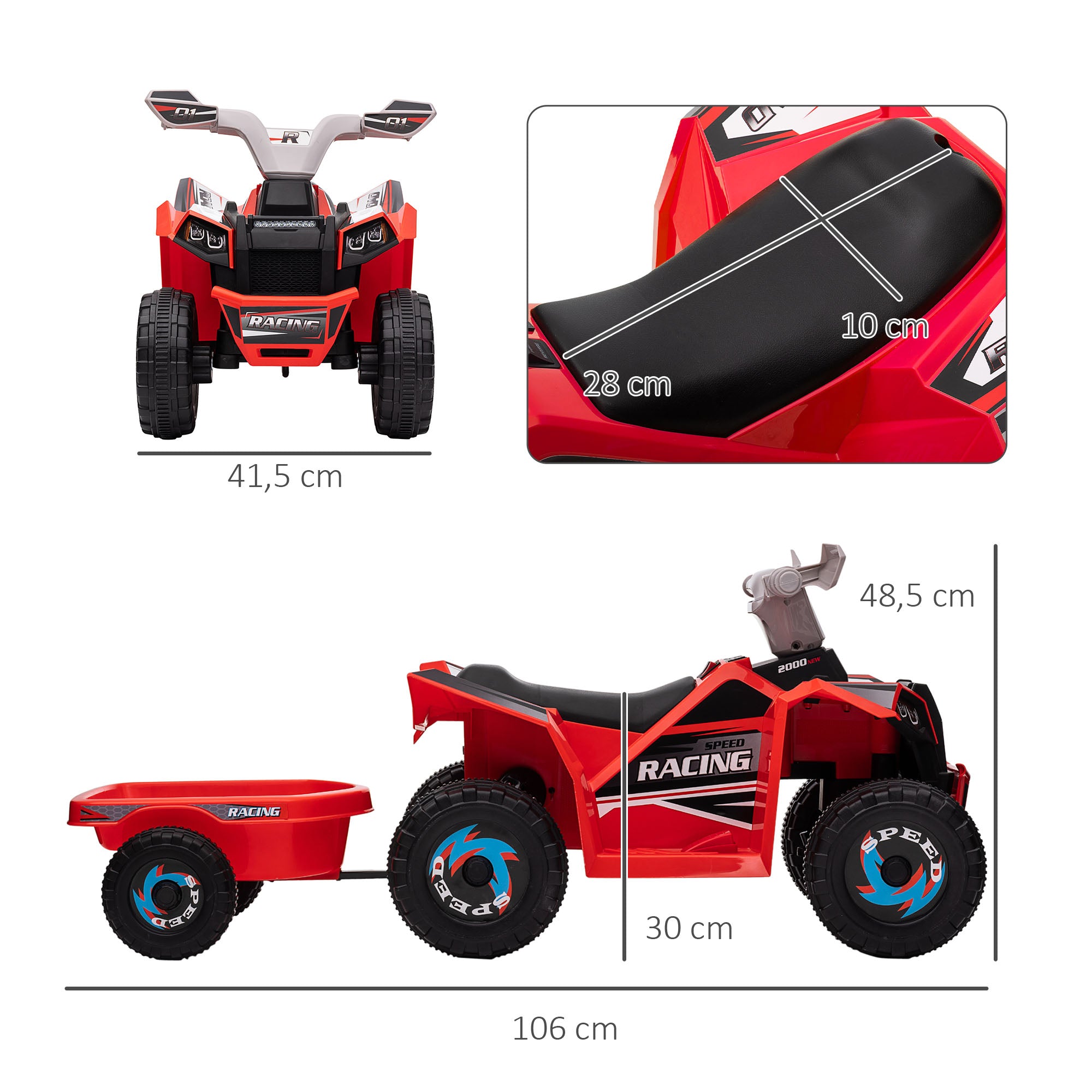 HOMCOM Elektro-Kinderquad mit Anhänger, 2,5 km/h, 50 Minuten Fahrtzeit, für 1,5 bis 3 Jahre, bis 25 kg, Rot