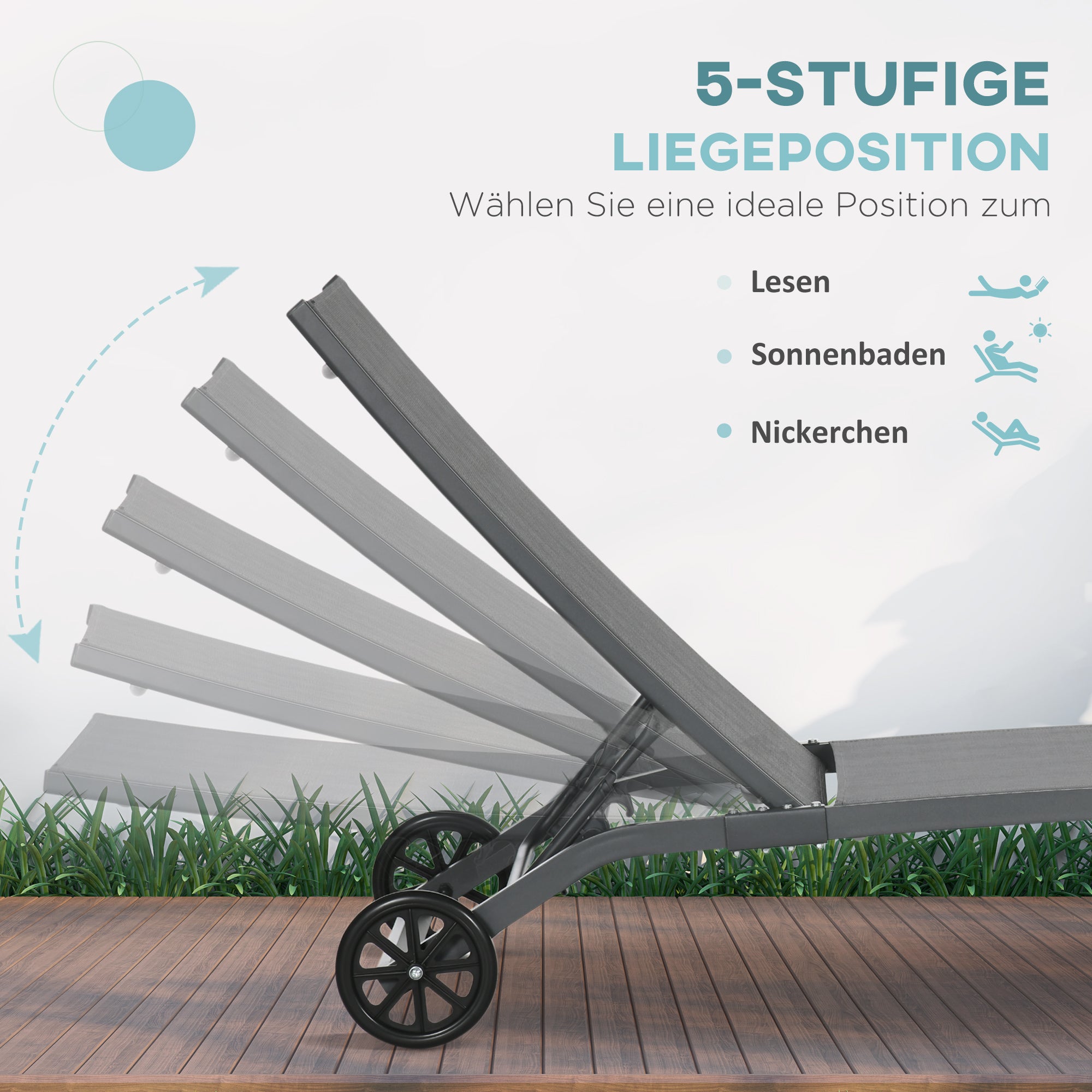 Outsunny Sonnenliege, 5-stufig verstellbare Rücklehne, atmungsaktiver Stoff, Aluminiumrahmen, blau, 195 x 66 x 34 cm