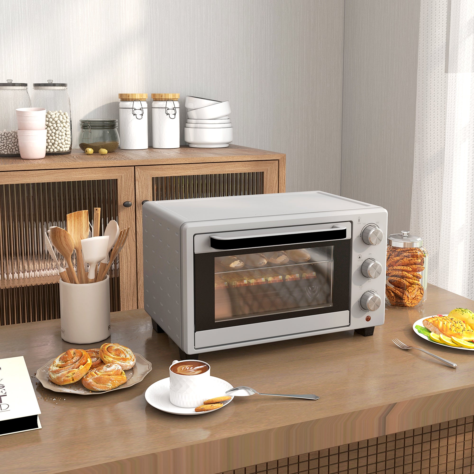 HOMCOM Minibackofen, 21 L Toasterofen mit 1 Drahtgestell und 1 Backblech, 3 Kochmodi, 100 °C-230 °C, Edelstahl, Glas, Silber