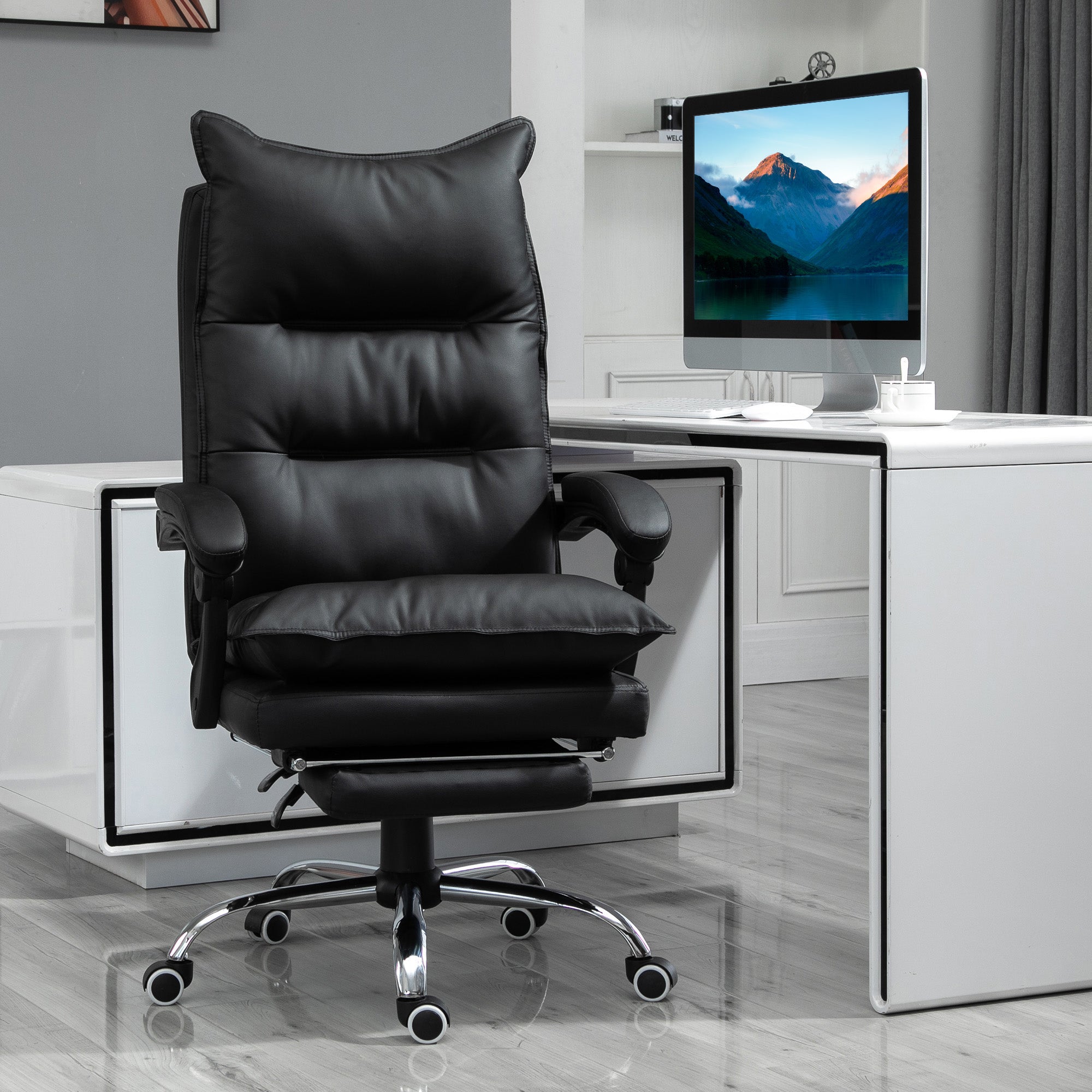 Vinsetto Bürostuhl mit Liegefunktion, ergonomisch Schreibtischstuhl, höhenverstellbar Drehstuhl mit Fußstütze, gepolstert, bis 135 kg belastbar, für Büro, Arbeitszimmer, Schwarz