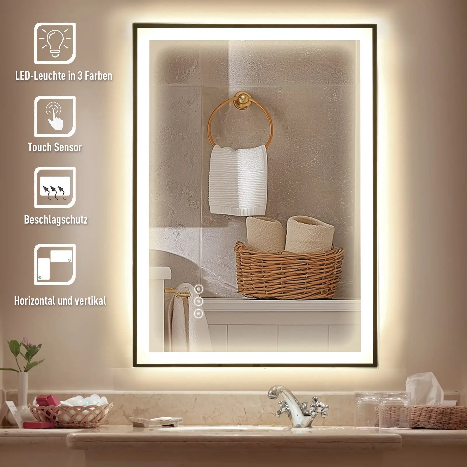 Kleankin Badspiegel LED Nebelfrei 3 Farben Touch kupferfrei