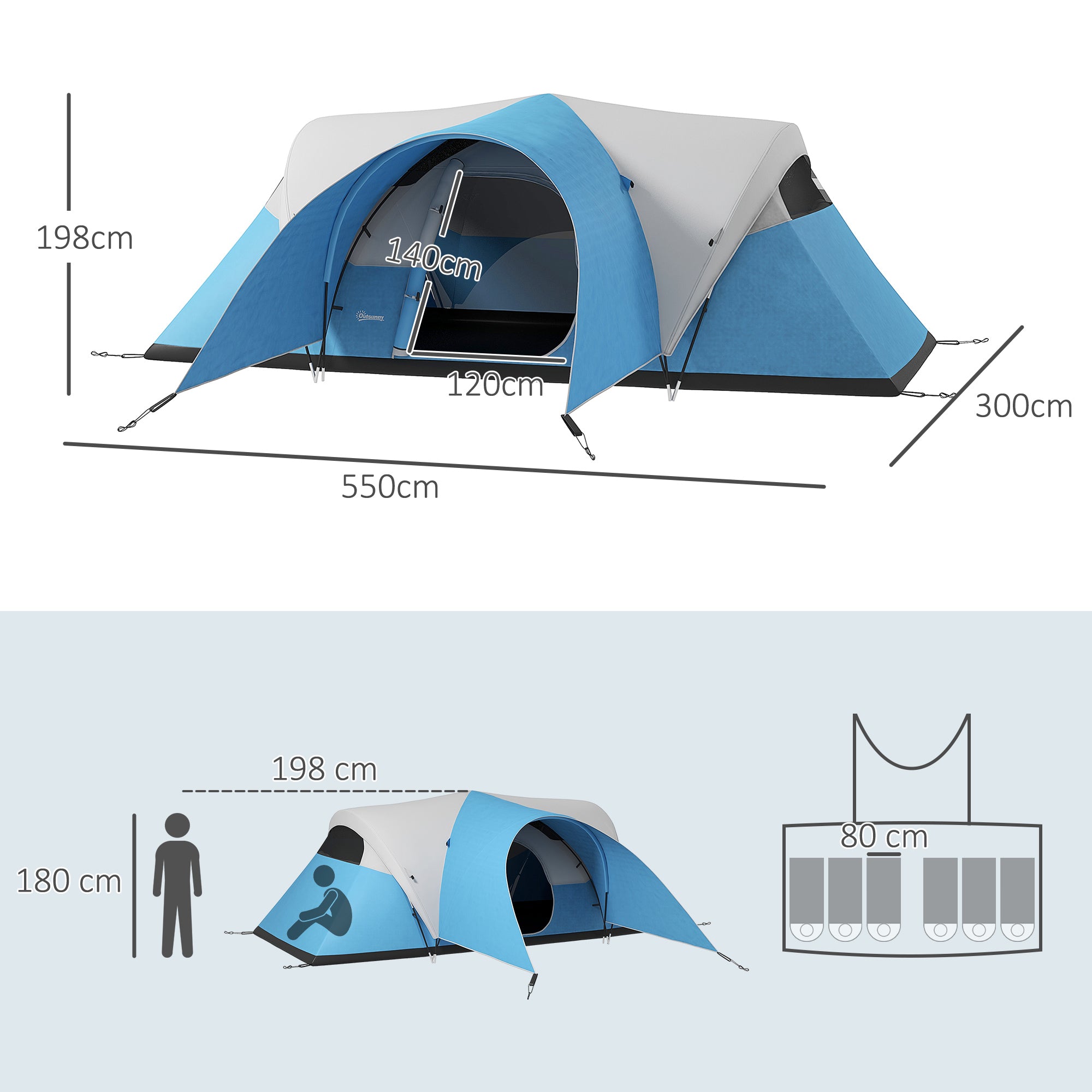 Outsunny Campingzelt für 5-6 Pers., Familienzelt, wasserdicht, mit Vorzelt, 550L x 300B x 198Hcm, Blau