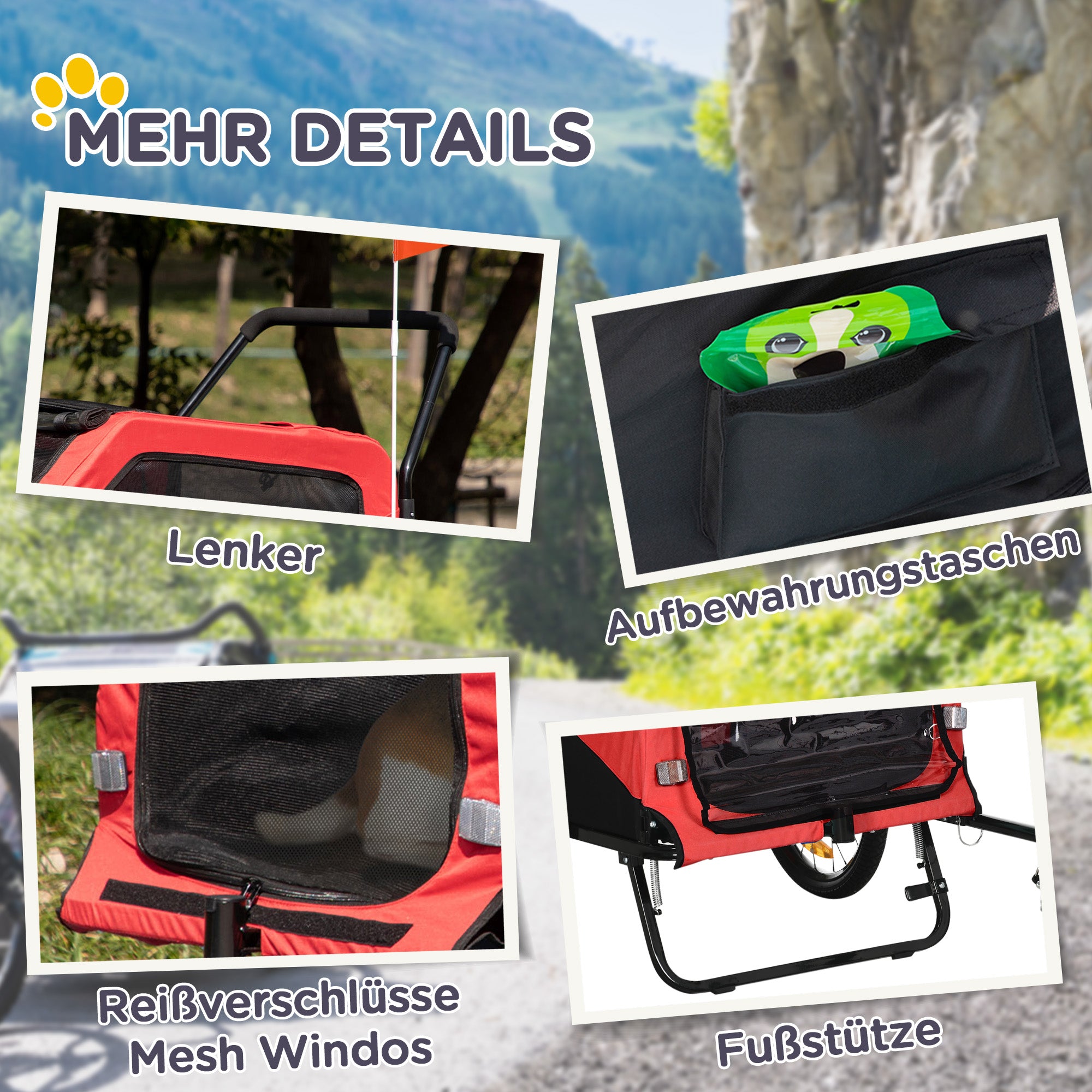 PawHut 2-in-1 Hundeanhänger Hundebuggy bis 30kg klappbar und lagerbar Lenker Fußstütze Reflektoren Sicherheitsfahne 170 cm x 77 cm x 90 cm Rot