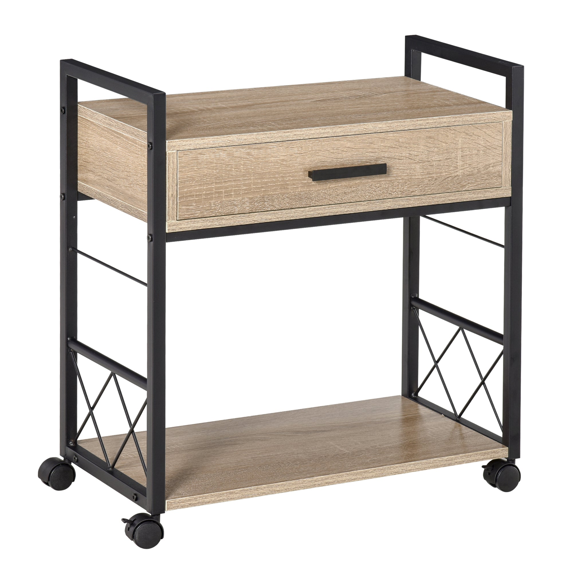 HOMCOM Beistelltisch Servierwagen mit Rädern Küchenwagen Kaffeetisch mit Schublade Ablage Sideboard beweglich Spanplatte Natur 60 x 30 x 65 cm