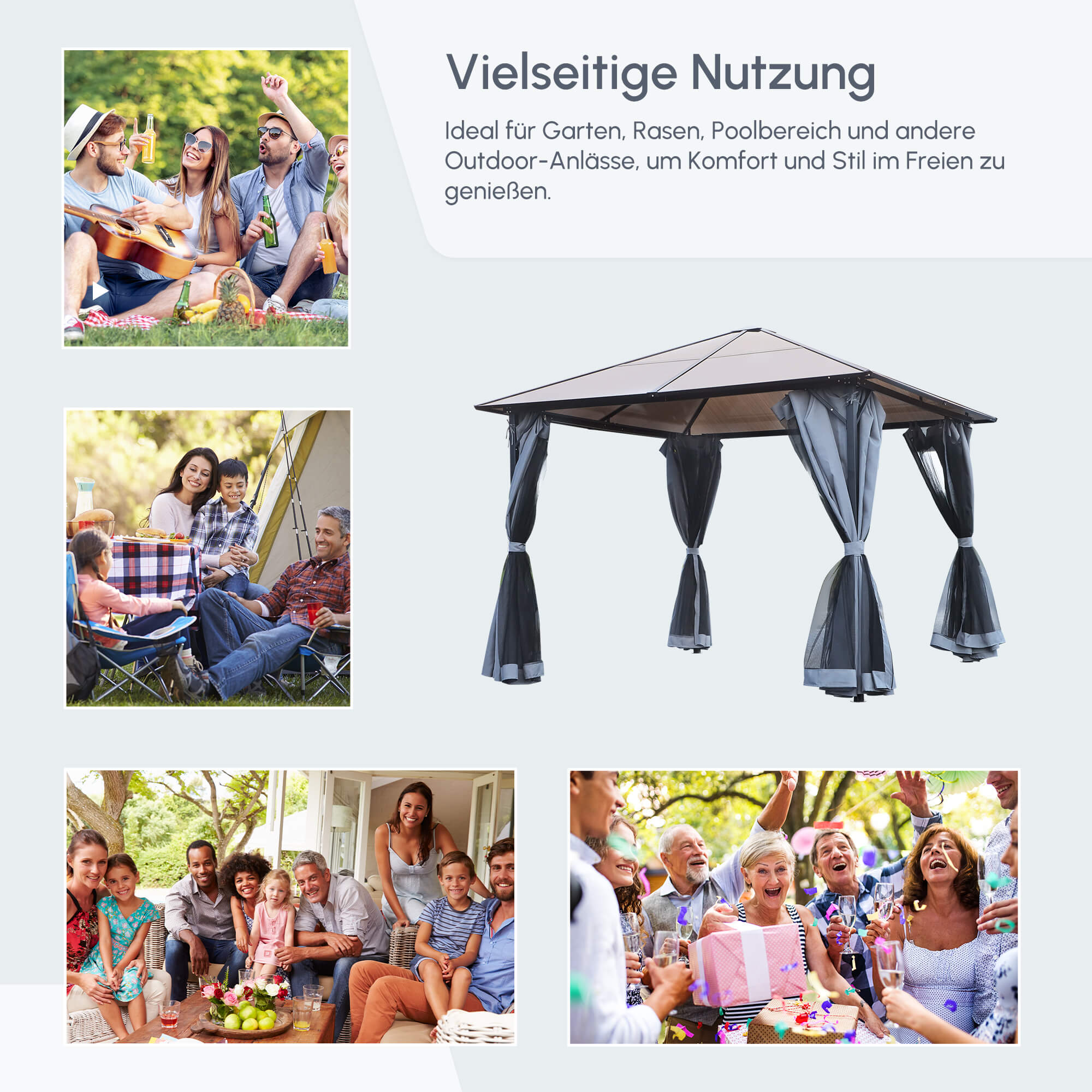 Outsunny Pavillon mit Polycarbonatdach, Vorhänge mit Fliegennetz, Alugestell, dunkelgrau, 3 x 4 x 2,6 m