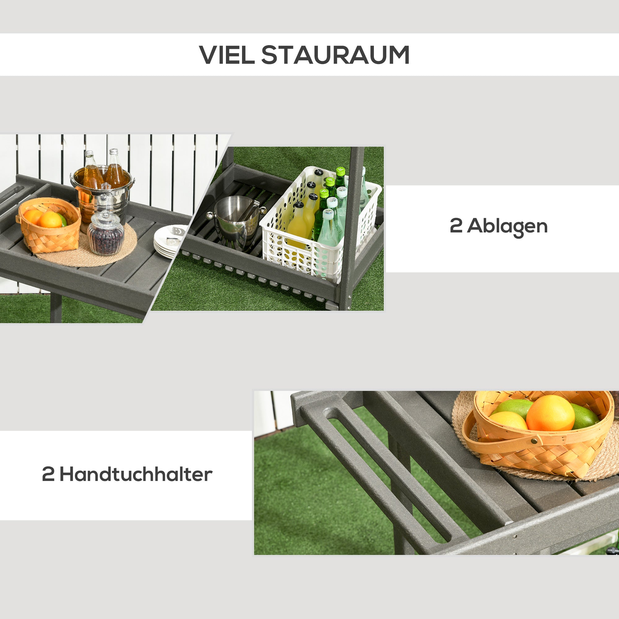 Outsunny Servierwagen mit Handtuchhaltern, 1 untere Ablage, 4 Rollen, 87 cm x 50 cm x 80 cm, Dunkelgrau