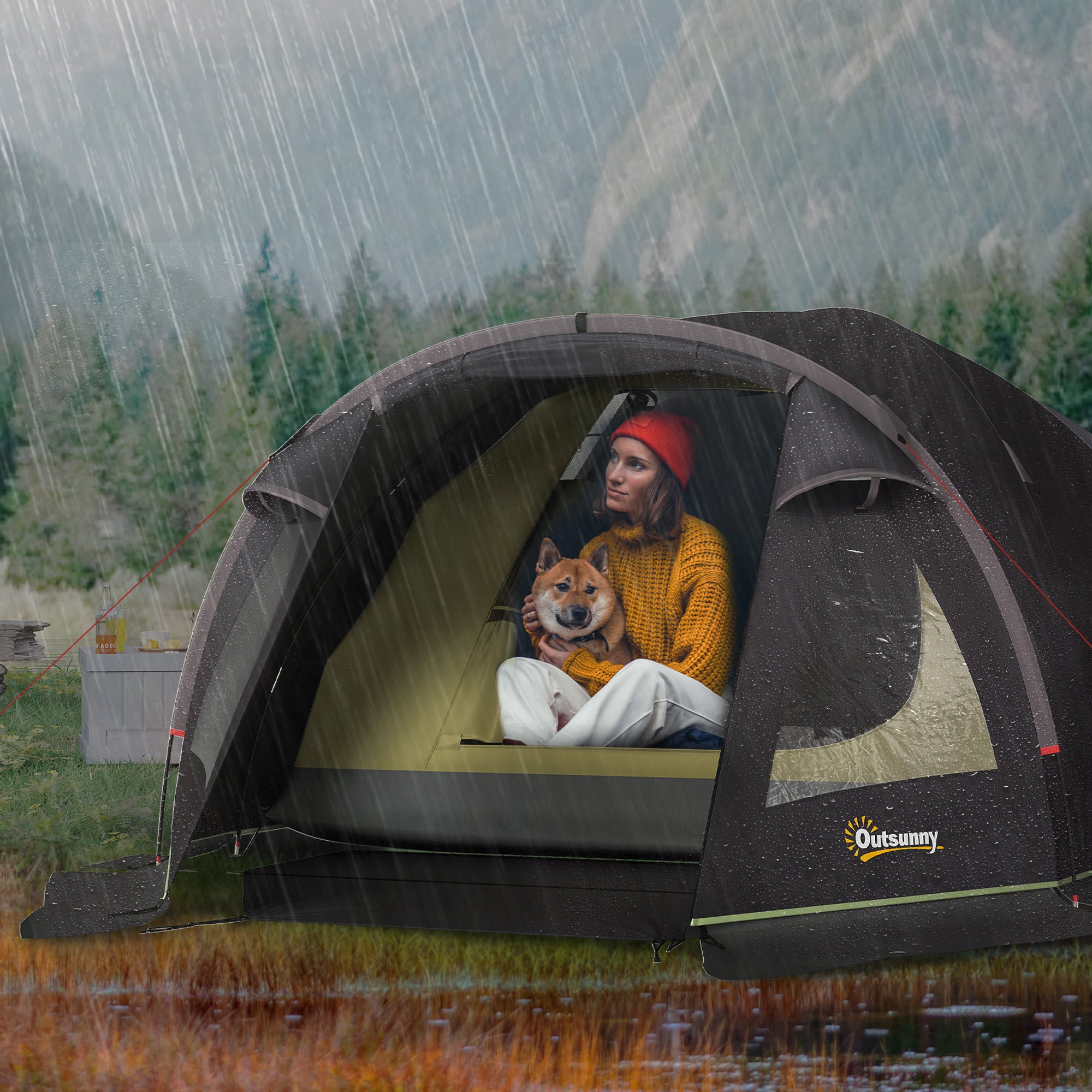 Outsunny Campingzelt für 4 Personen leicht, stabil UV 50+ Tunnelzelt mit Vordach Seitentür&Fenster Schwarz