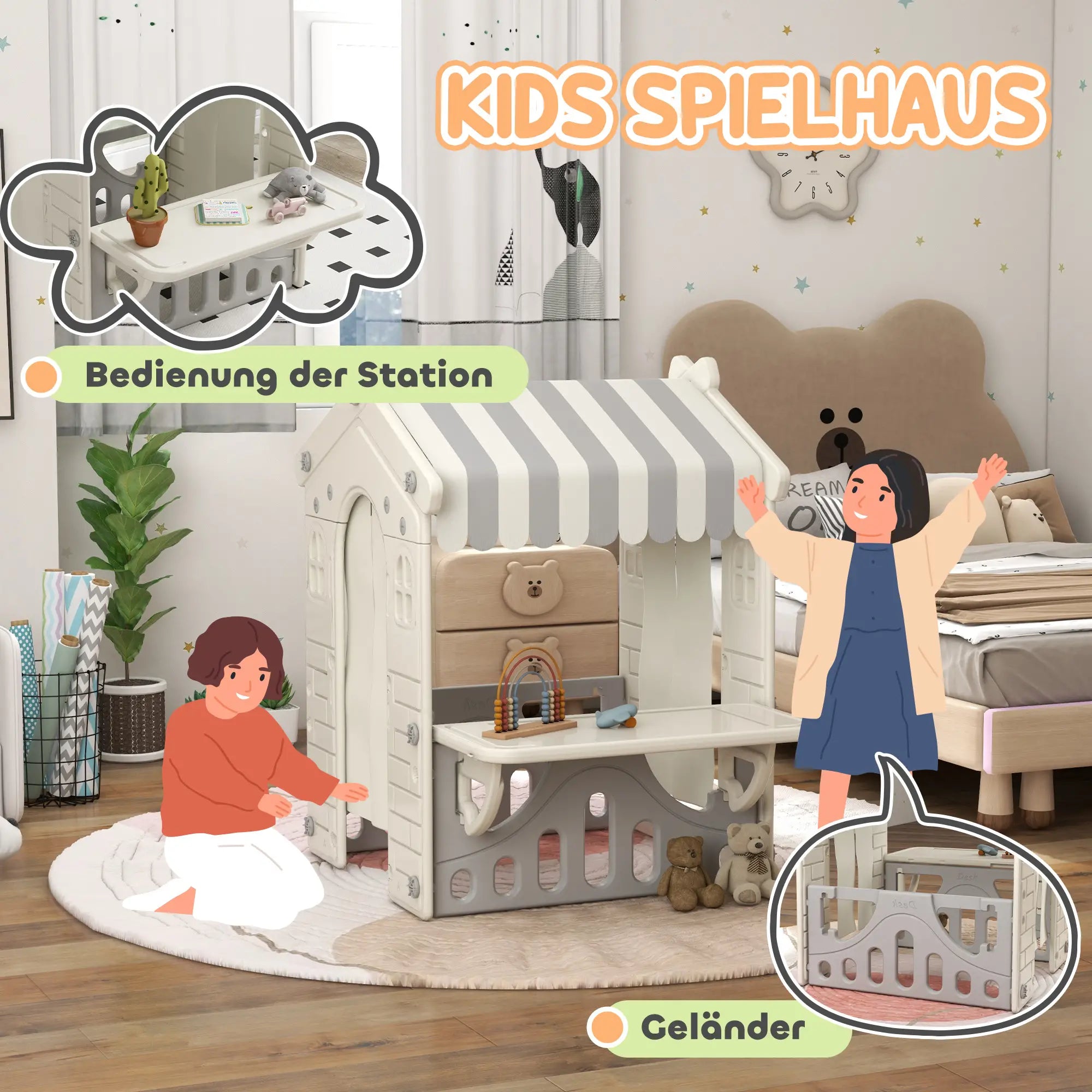 AIYAPLAY Spielhaus Kinderhaus Indoor mit Servierstation & Vorhängen