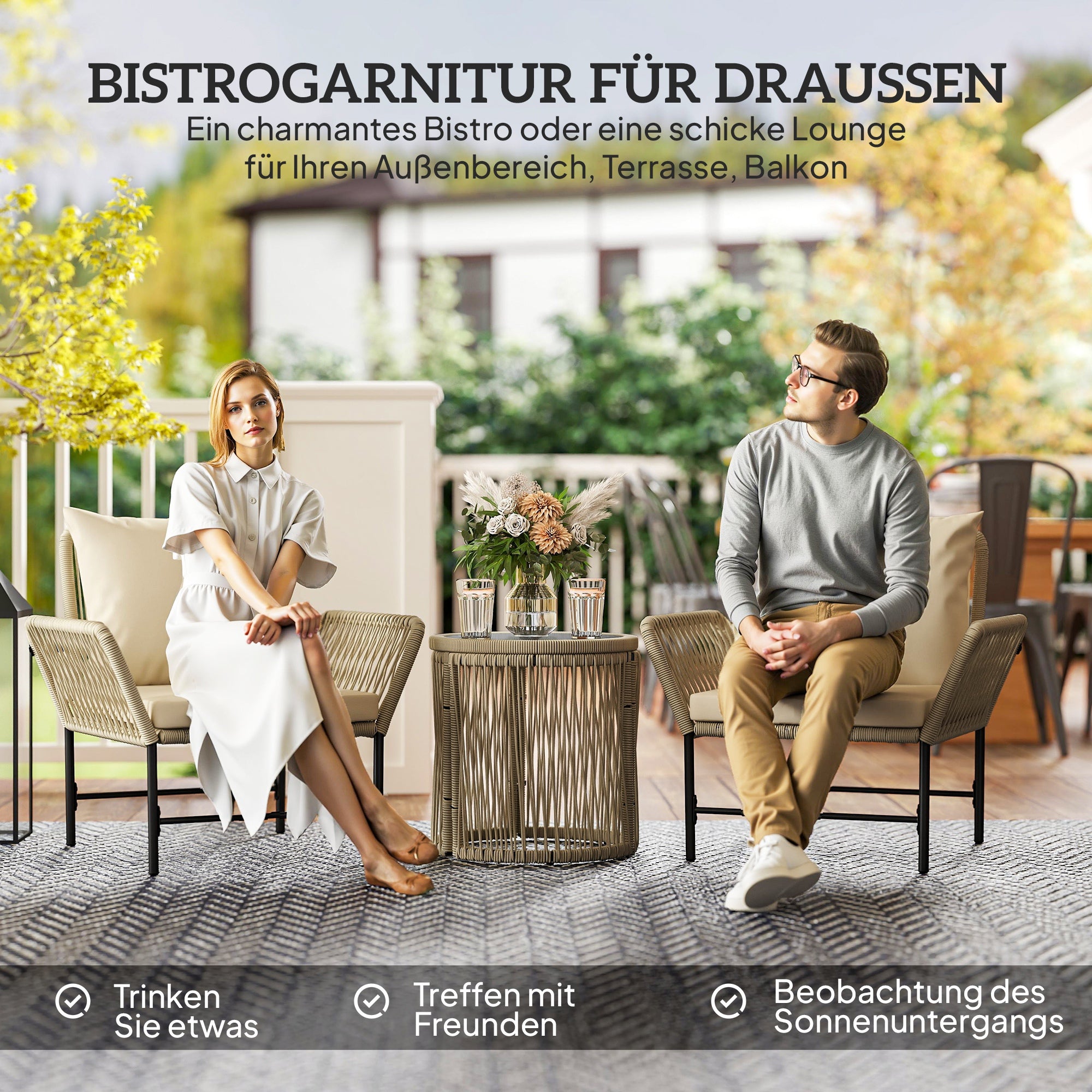 Outsunny Polyrattan Gartenmöbel Set, Outdoor Balkonmöbel für 2 Personen, 3-teilig mit 2 Stühle, Beistelltisch Sitzkissen