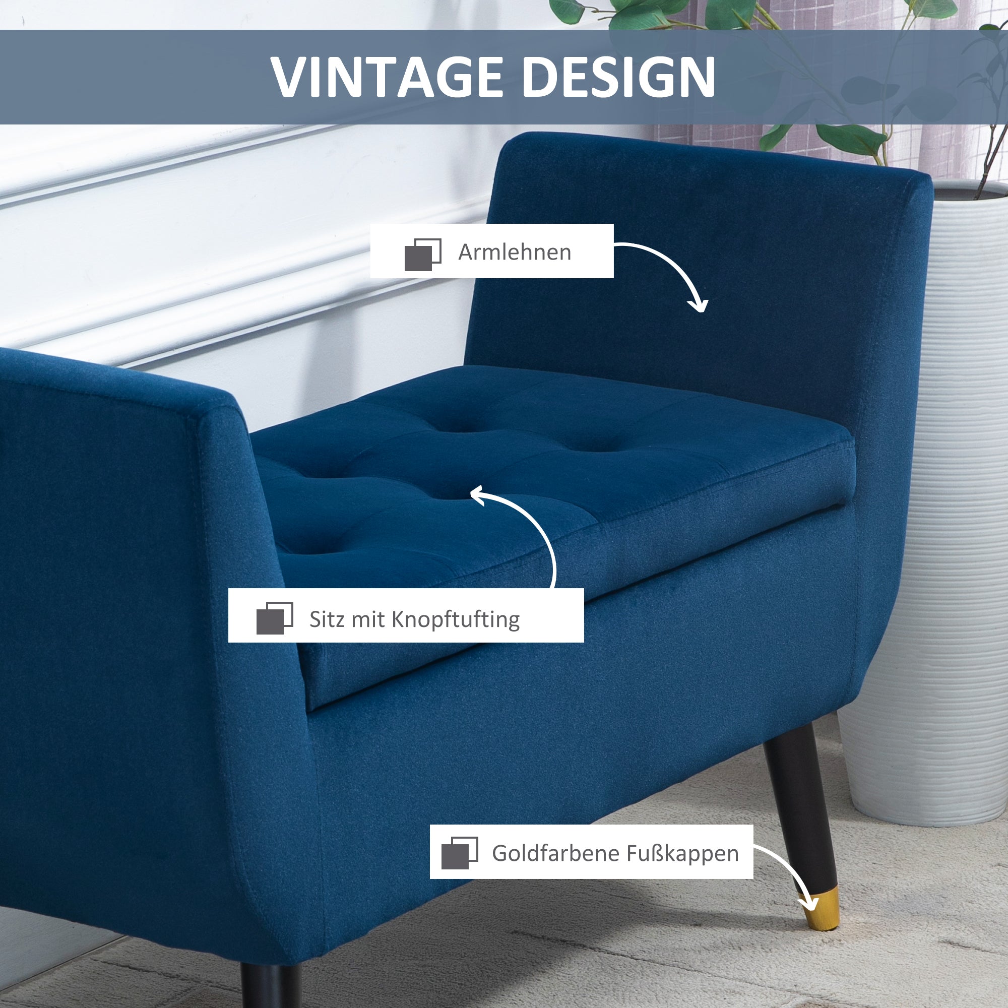 HOMCOM Sitzbank mit Stauraum Armlehnen Polsterbank mit Samtoptik, Sitztruhe mit Holzbeine, Truhenbank für Wohnzimmer Schlafzimmer Flur 107 x 42 x 65 cm, Blau