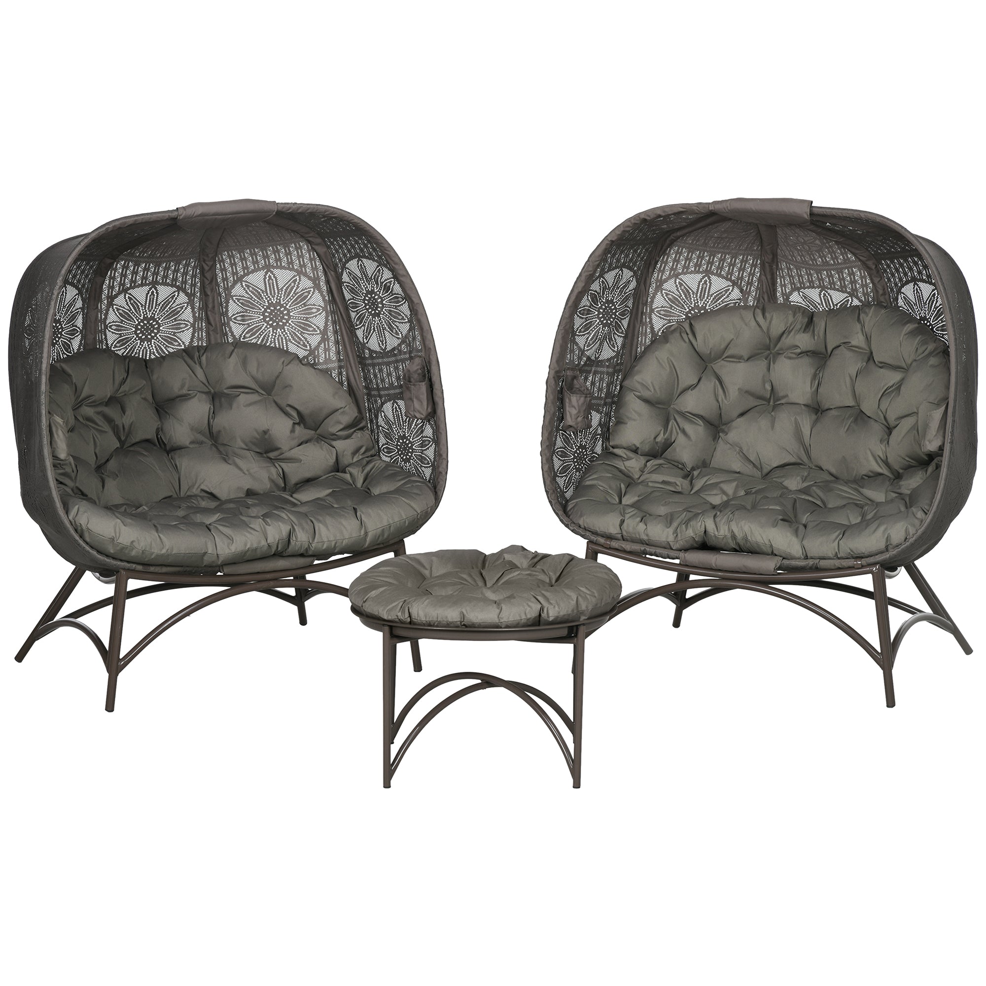 Outsunny Gartenmöbel-Set, 2 Korbsessel mit Beistelltisch, faltbar, Sitzauflagen, Metallgestell, Farbe: Sand