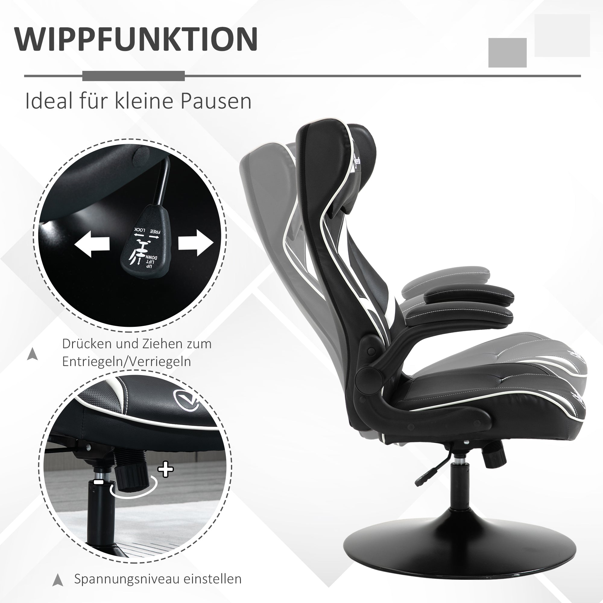 Vinsetto Gaming Stuhl ergonomischer Computerstuhl mit Wippfunktion Drehstuhl höhenverstellbar Stahl Schwarz+Weiß 67 x 70 x 106-112 cm