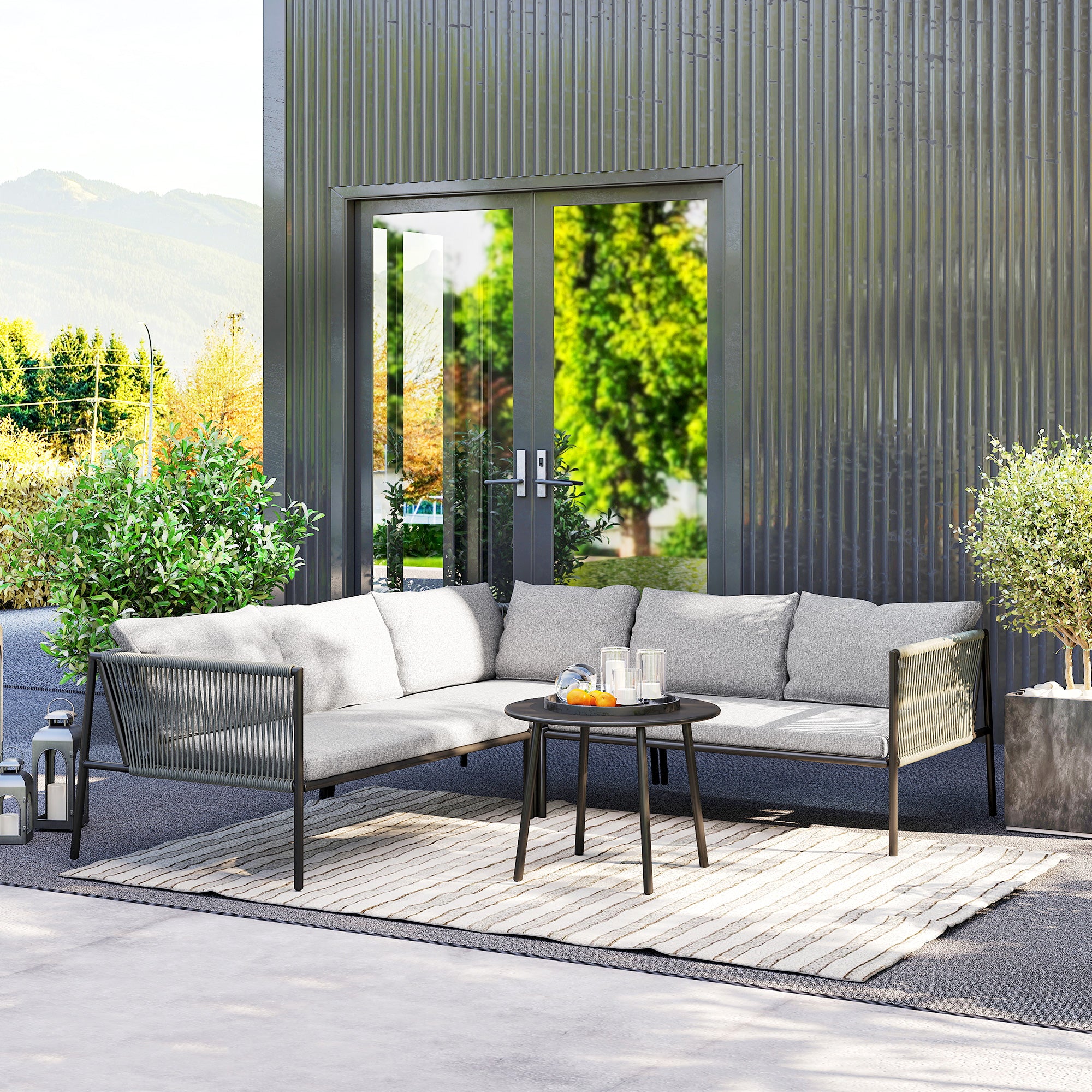 Outsunny Gartenmöbel Set Polyrattan Lounge-Set mit Ecksofa Tisch Kissen für 6 Personen Dunkelgrau