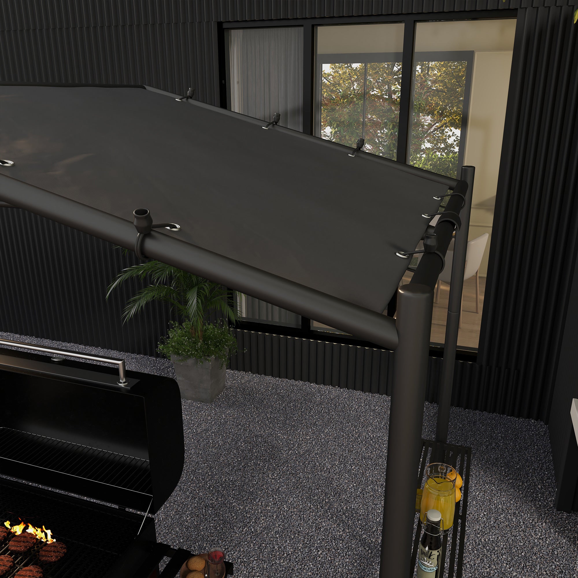 Outsunny Grillzelt Grilldach, wetterbeständig, inkl. Seitentaschen, 277 x 149 x 230 cm, Dunkelgrau