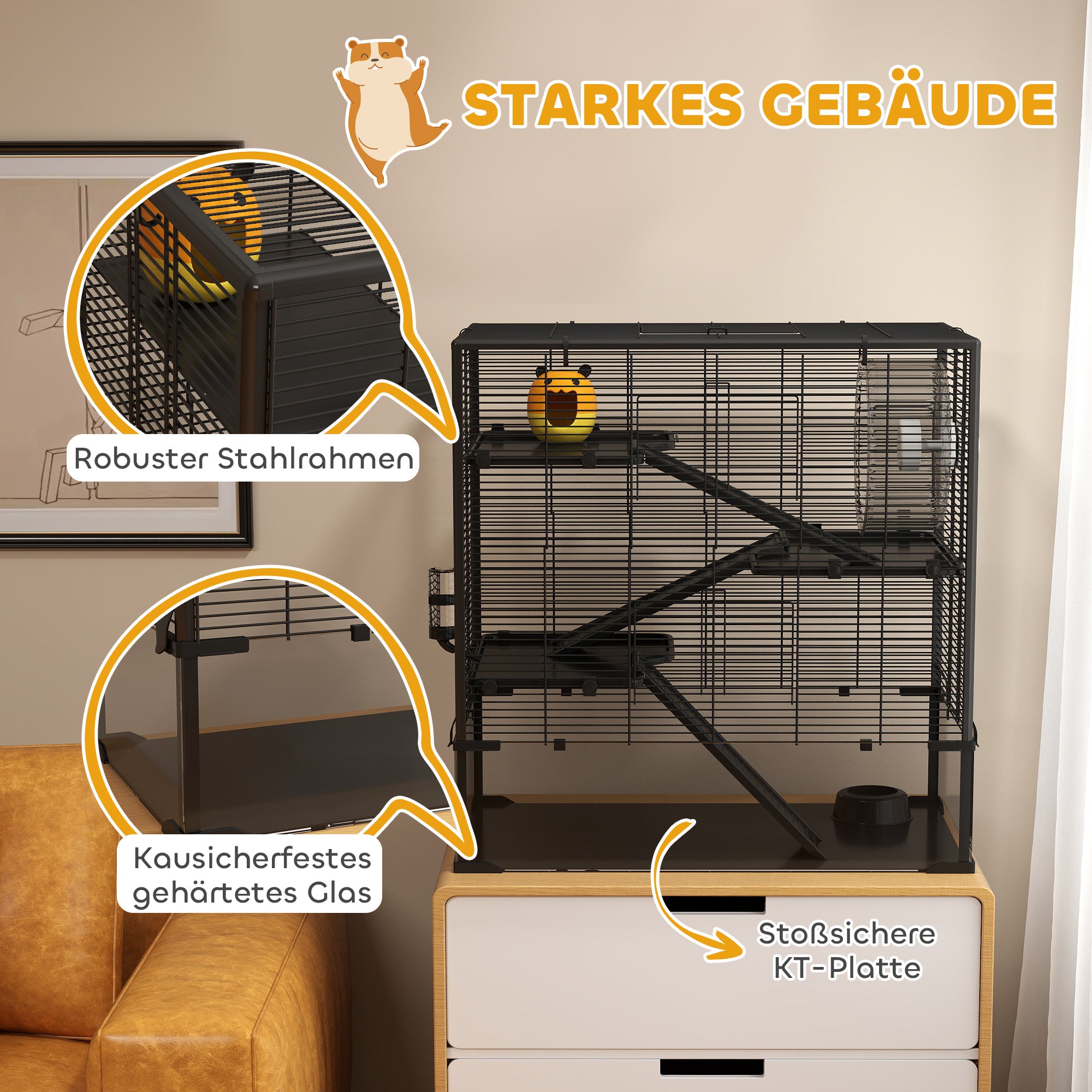 PawHut Hamsterkäfig mit Glasboden, 4-stufiges Hamstergehege mit Hütte und Zubehör, 78,5L x 48,5B x 80H cm, Schwarz