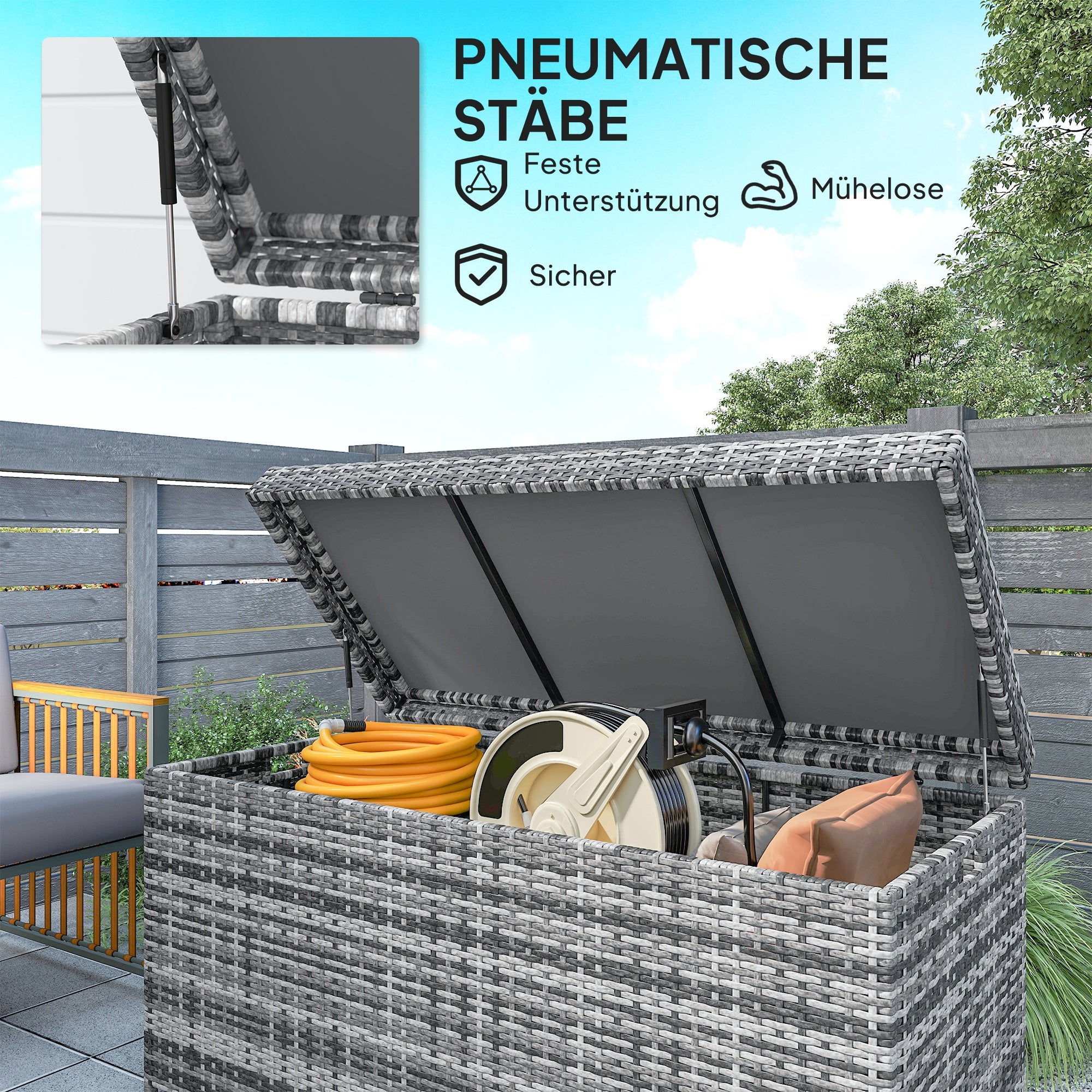 Outsunny Rattan Auflagenbox 380L wetterfest Kissenbox mit Deckel Stauraum UV-beständig 130 x 61 x 65 cm Dunkelgrau