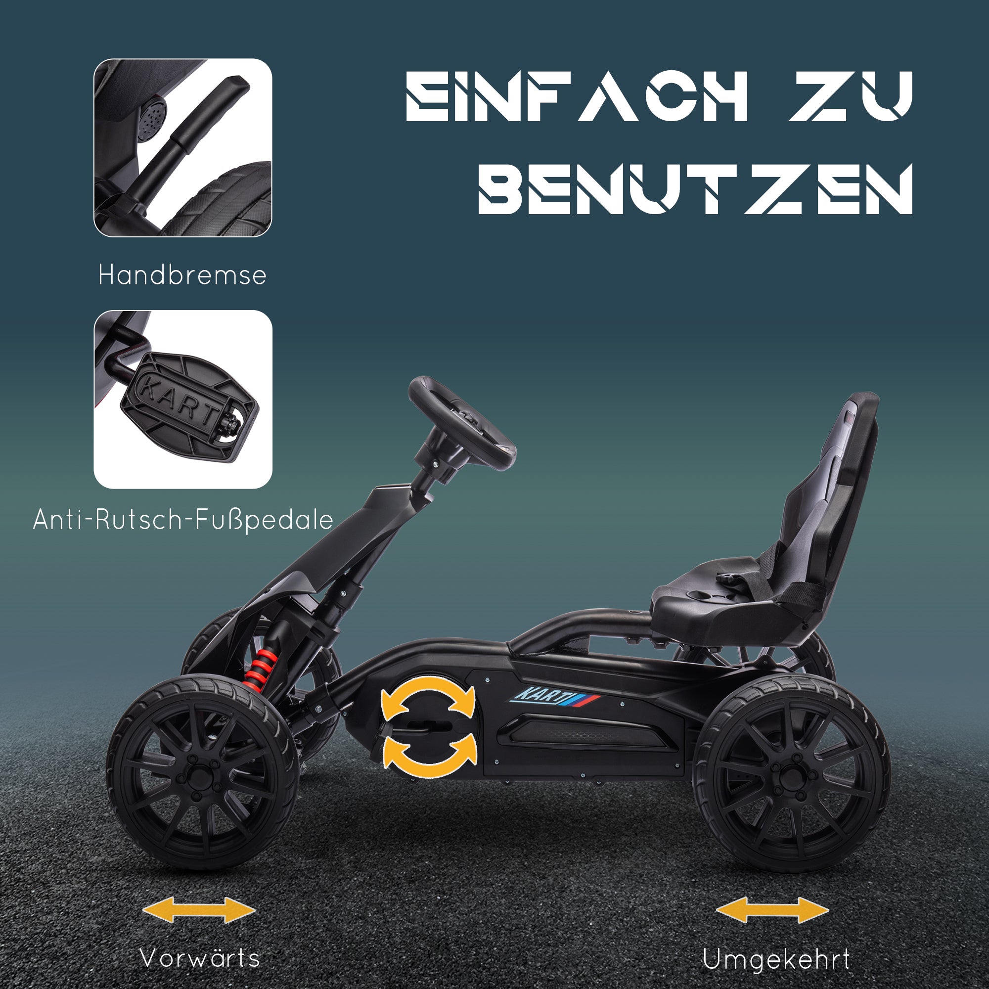 HOMCOM Go-Kart, Kinderfahrzeug mit verstellbarem Sitz, Tretfahrzeug, Tretauto mit Handbremse, 3-8 Jahre, Outdoor, Schwarz