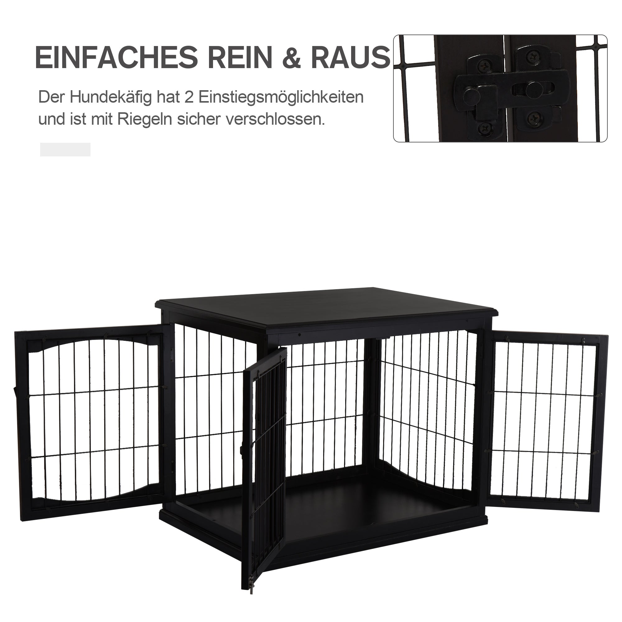 PawHut Transportbox für Hunde 58,5 cm x 81 cm x 66 cm Türen, MDF-Holz Eisen, 58, 5 cm x 81 cm x 66 cm, Schwarz