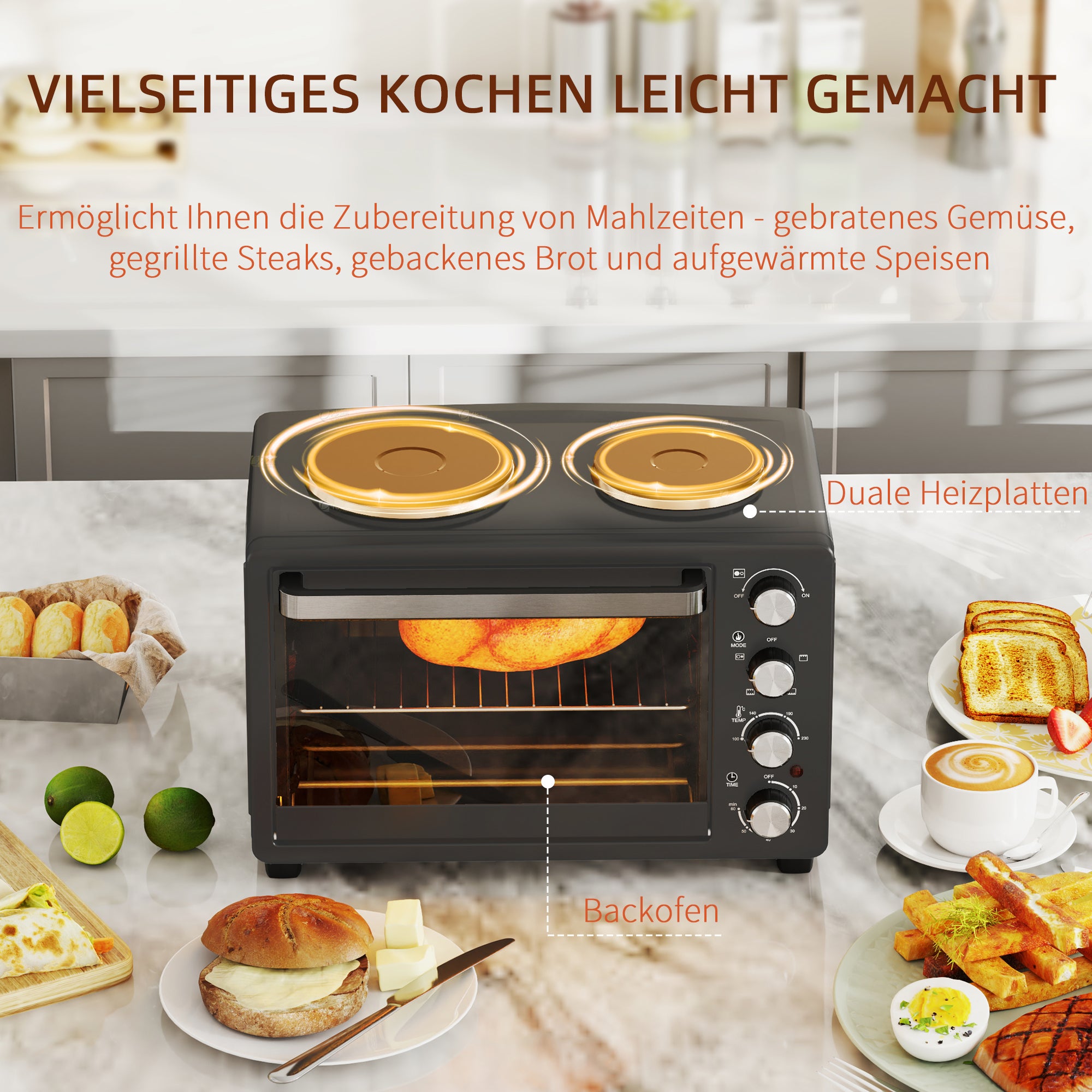 HOMCOM 28 L Toasterofen, Kompakter Backofen zum Kochen und Grillen, Elektro-Ofen mit Backblech, Grillrost, 2600W, Schwarz