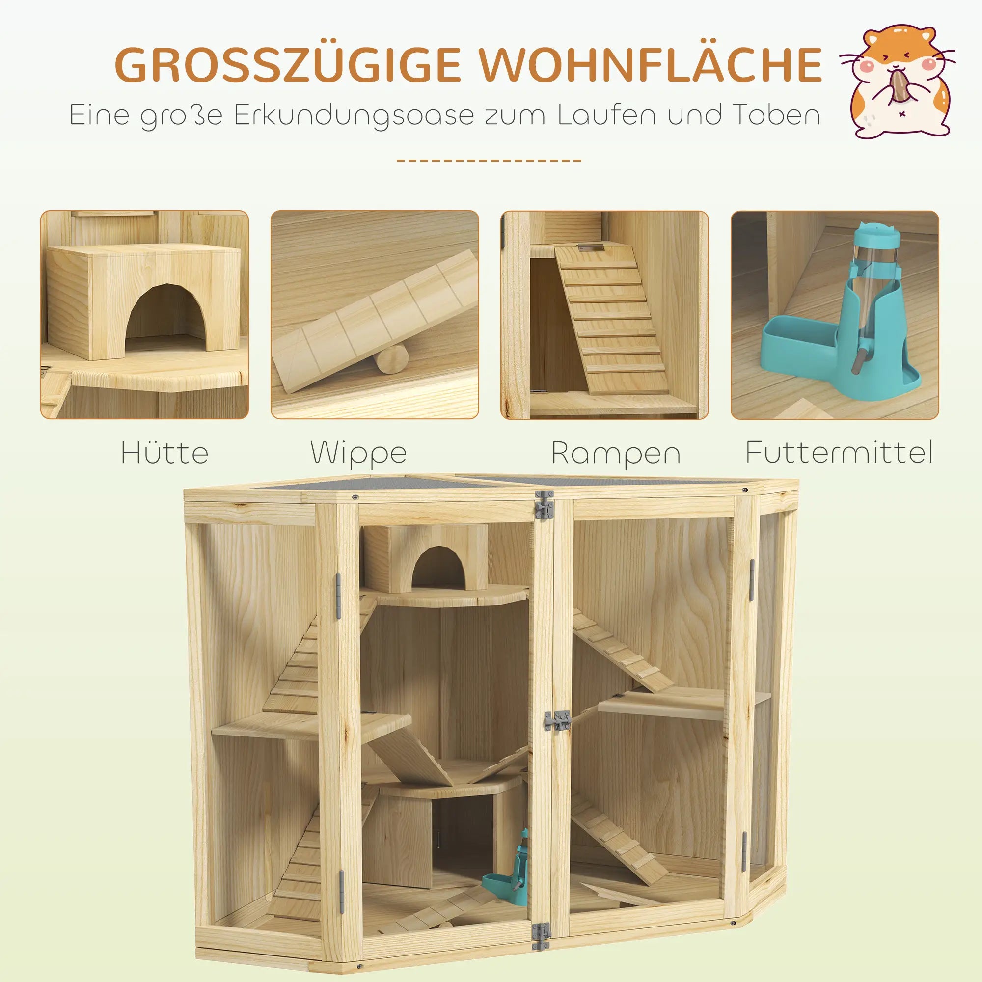 PawHut Hamsterkäfig, 4-Ebenen-Design, mit Fütterungsstation, Wippe, Rampe, Hütten, 115 x 69,5 x 79 cm, Holz
