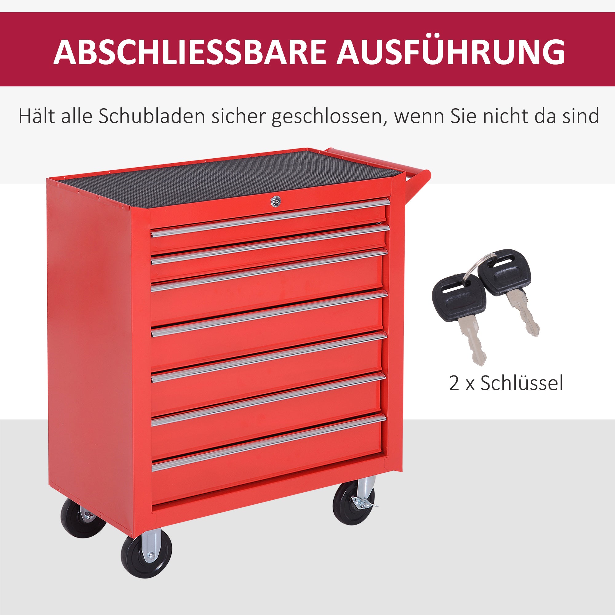 DURHAND Werkzeugwagen, 2 kleine & 5 große Schubladen, Stahl, bis 150 kg, 69 x 33 x 75 cm, Rot