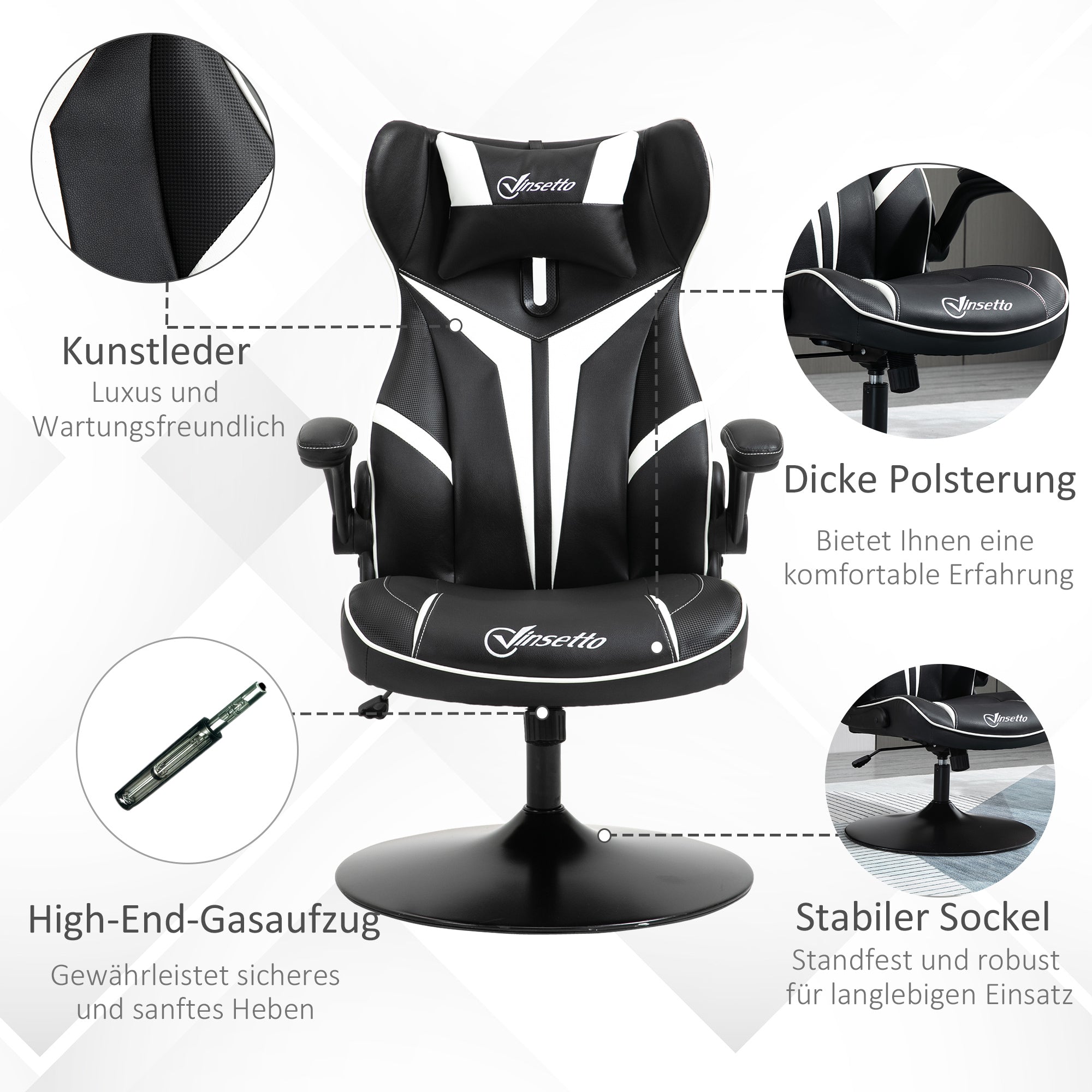 Vinsetto Gaming Stuhl ergonomischer Computerstuhl mit Wippfunktion Drehstuhl höhenverstellbar Stahl Schwarz+Weiß 67 x 70 x 106-112 cm