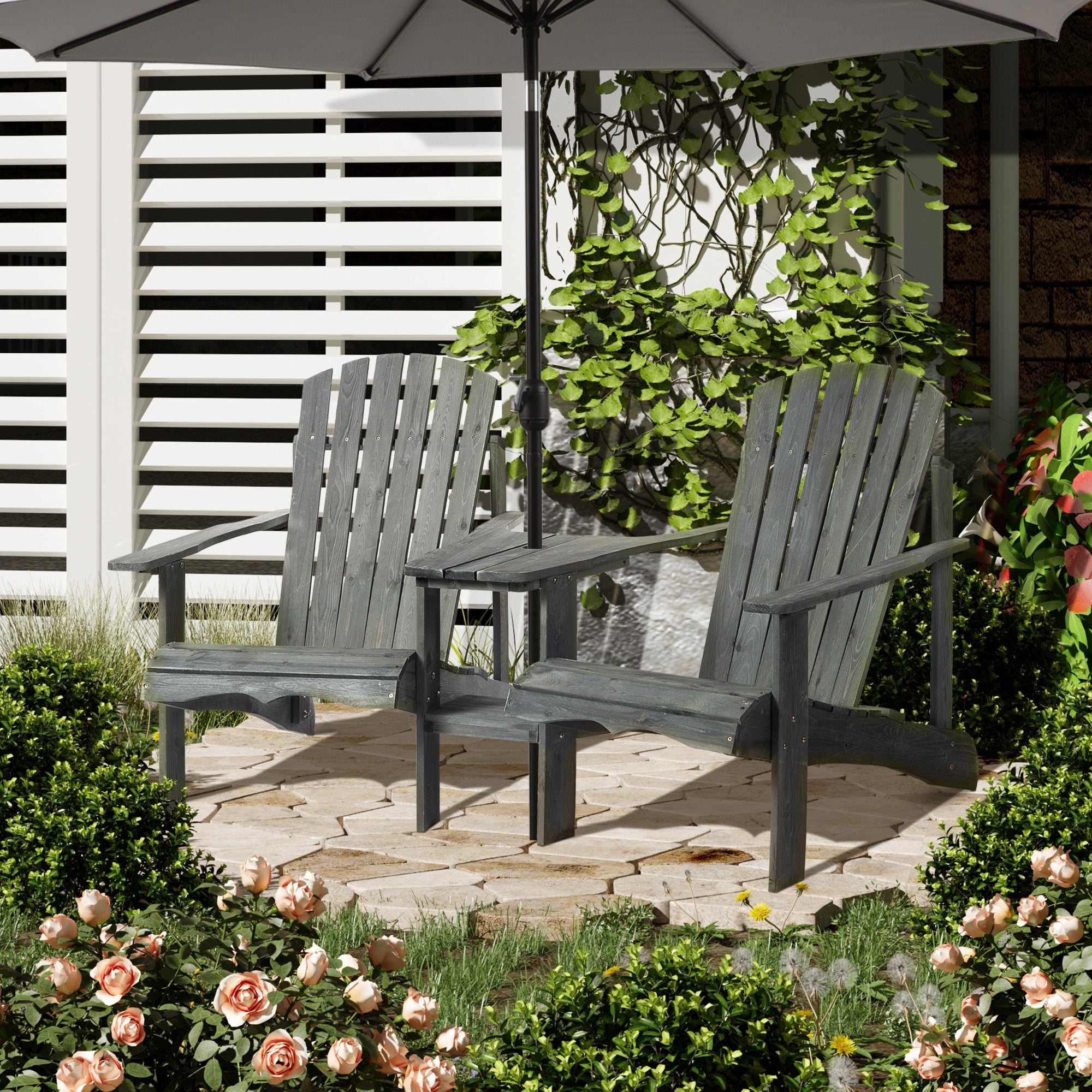 Outsunny Adirondack Gartenstuhl 2er-Set mit Tisch Schirmloch Massivholz